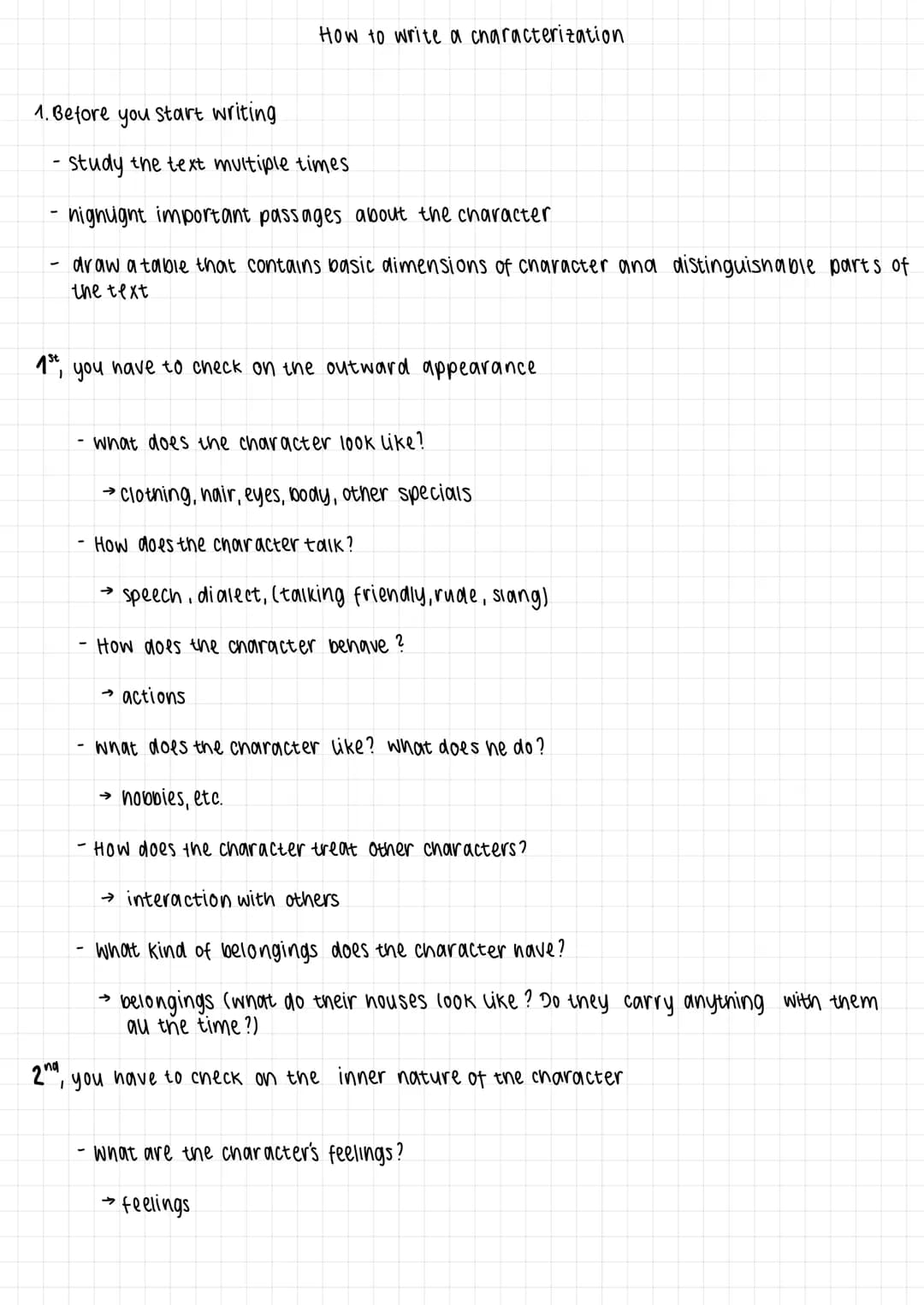 # How to write a characterization
## 1. Before you start writing
- study the text multiple times
- nignugnt important passages about the cha