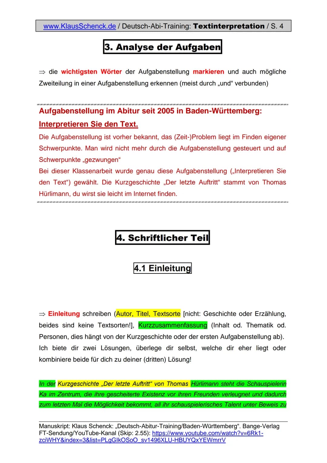 www.KlausSchenck.de / Deutsch-Abi-Training: Textinterpretation / S. 1
# Textinterpretation / Prosa (Aufgabe II)
Hm, Textinterpretation, ma