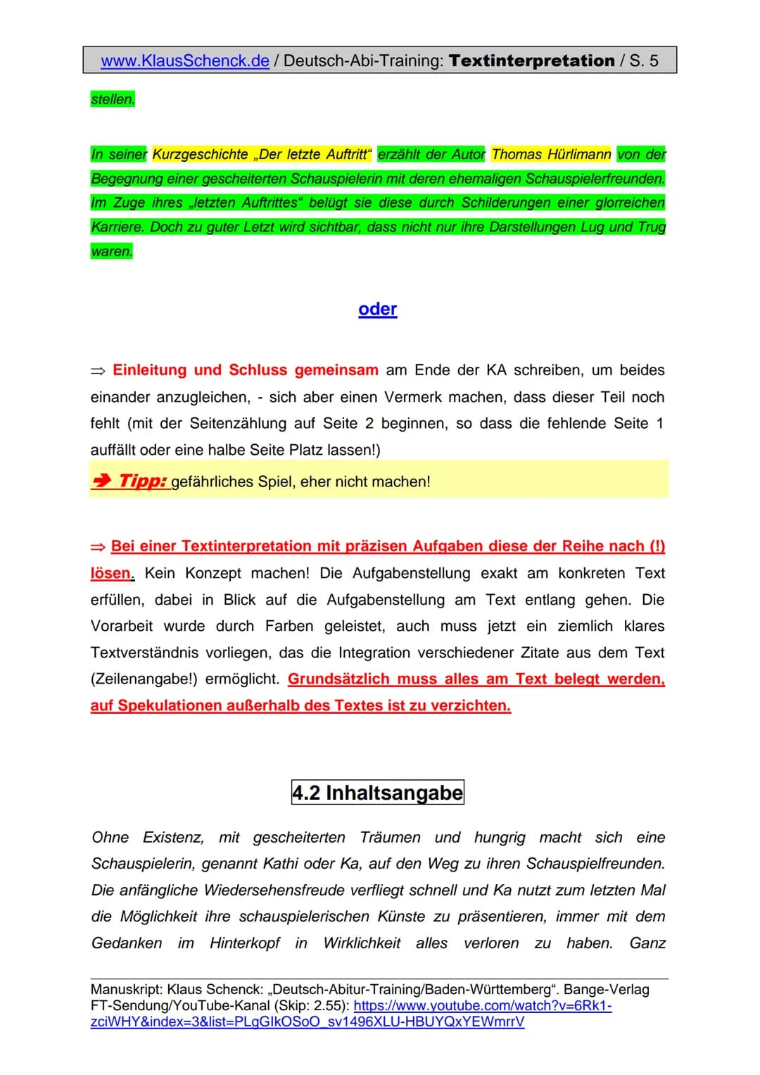 www.KlausSchenck.de / Deutsch-Abi-Training: Textinterpretation / S. 1
# Textinterpretation / Prosa (Aufgabe II)
Hm, Textinterpretation, ma