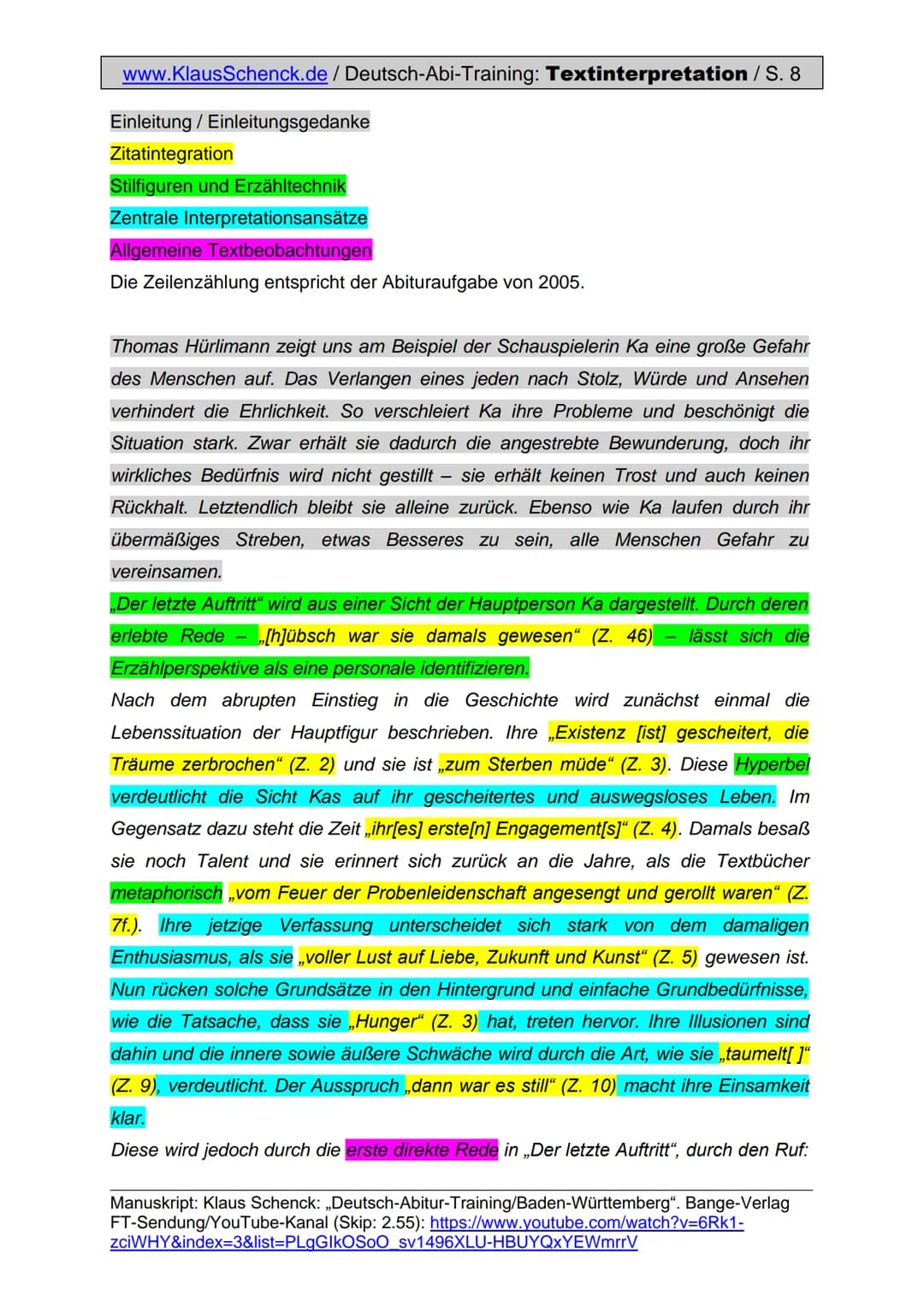 www.KlausSchenck.de / Deutsch-Abi-Training: Textinterpretation / S. 1
# Textinterpretation / Prosa (Aufgabe II)
Hm, Textinterpretation, ma