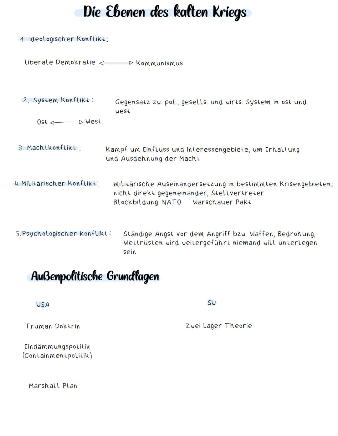 # Die Ebenen des kalten Kriegs
1. Ideologischer Konflikt:
Liberale Demokratie ◁—▷ Kommunismus
2. System Konflikt:
Gegensatz zw. pol., gesel