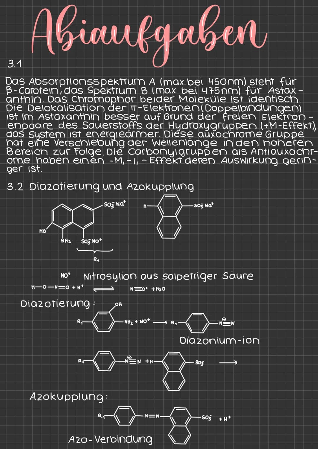 # Abiaufgaben
## 3.1
Das Absorptionsspektrum A (max. bei 450nm) steht fur
B-Carotein, das Spektrum B (max bei 475nm) für Astax -
anthin. Das