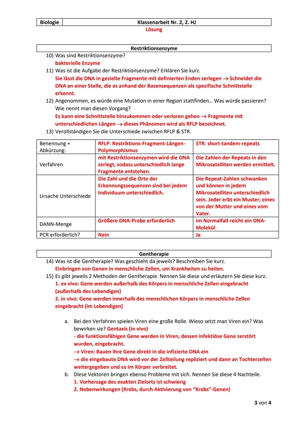 Biologie
Klassenarbeit Nr. 2, 2. HJ
Lösung
# PCR = Polymerase-Ketten-Reaktion
1) Nennen Sie den Zweck der PCR.
Vervielfältigung der DNA.