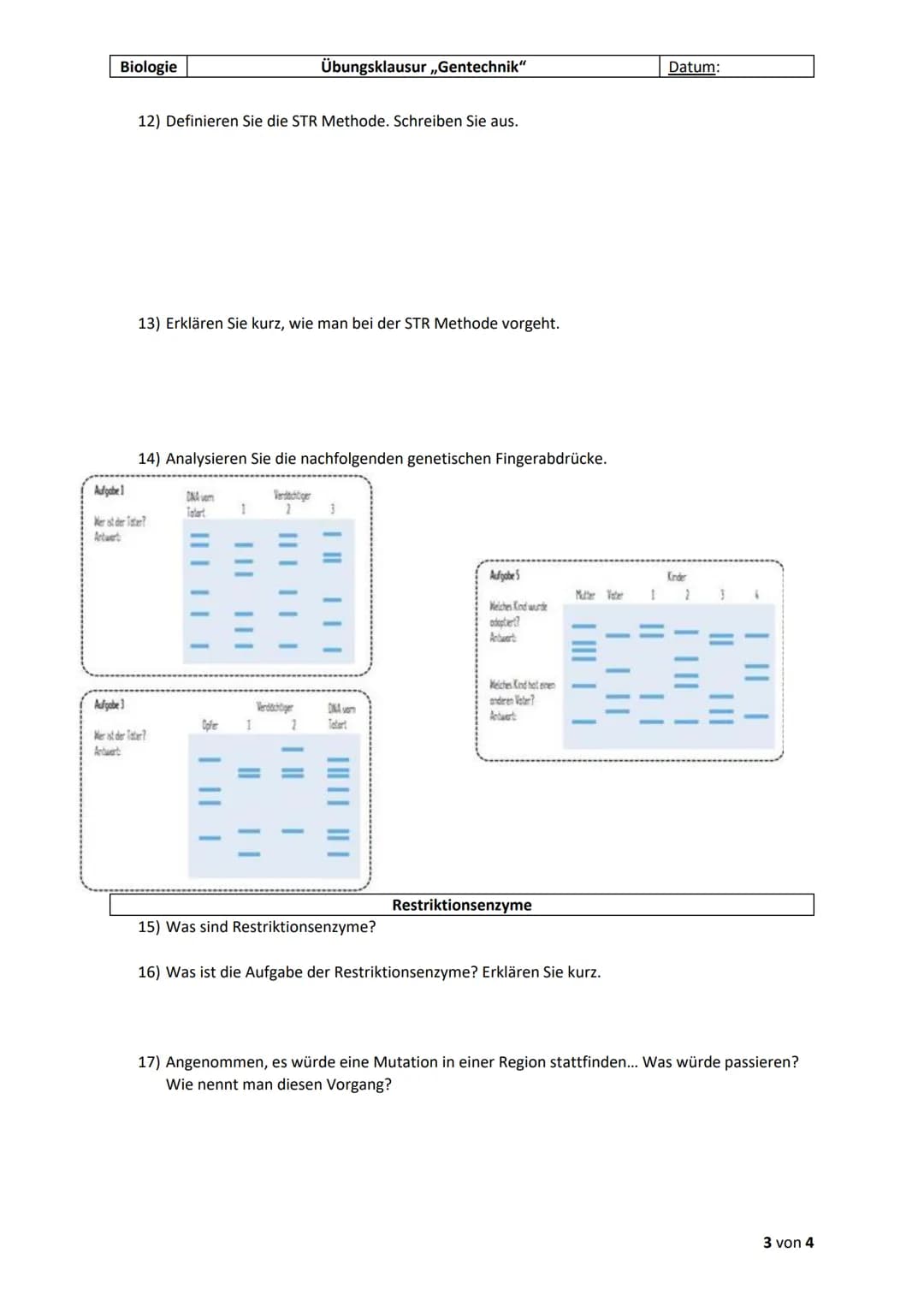 Biologie
Klassenarbeit Nr. 2, 2. HJ
Lösung
# PCR = Polymerase-Ketten-Reaktion
1) Nennen Sie den Zweck der PCR.
Vervielfältigung der DNA.