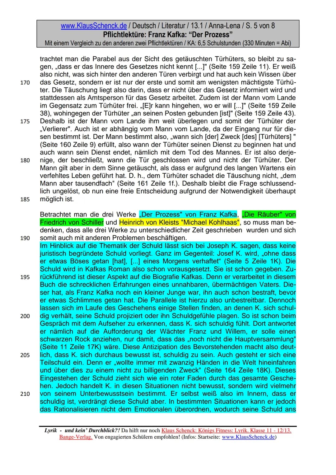 www.KlausSchenck.de / Deutsch / Literatur / 13.1 / Anna-Lena / S. 1 von 8
Pflichtlektüre: Franz Kafka: "Der Prozess"
Mit einem Vergleich zu
