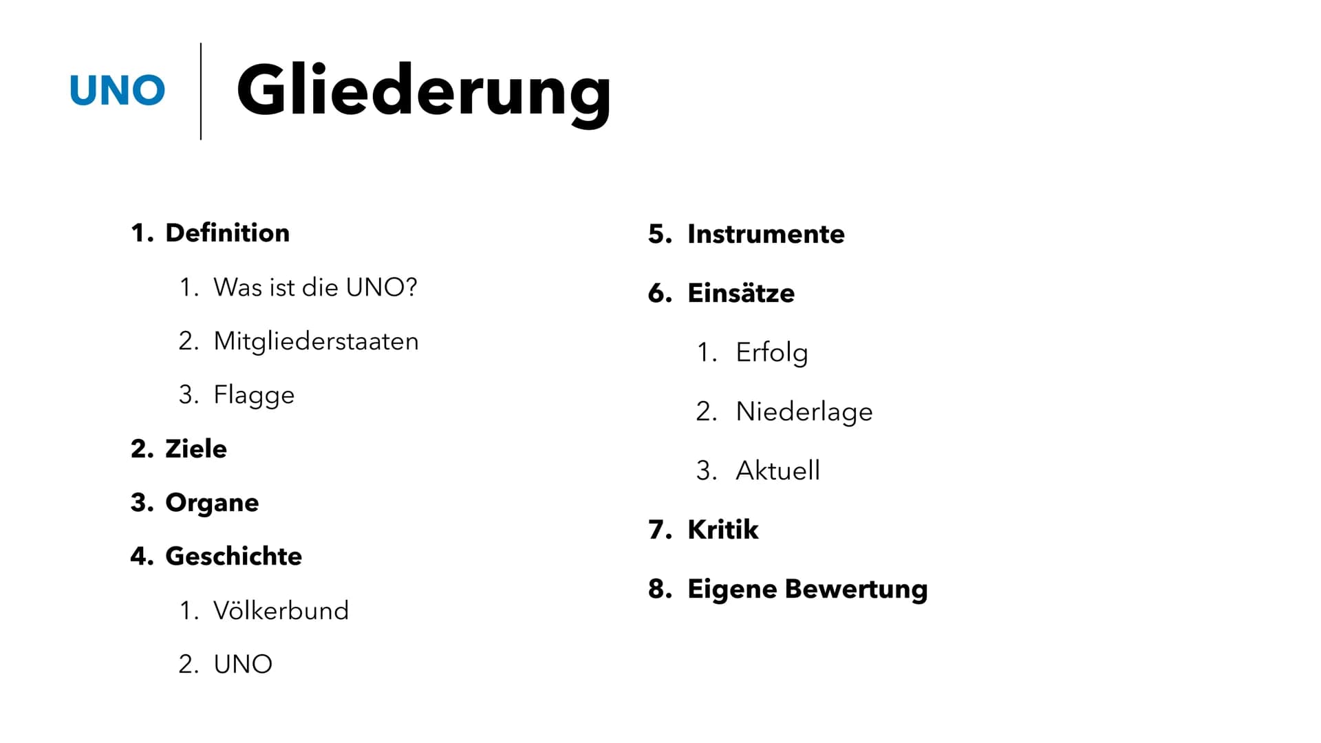 <p>Die Vereinten Nationen, auch als United Nations Organisation (UNO) bekannt, sind eine internationale Organisation. Ihre Hauptbereiche um