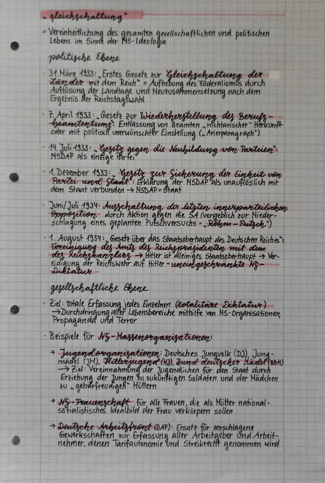 # Gleichschaltung
= Vereinheitlichung des gesamten gesellschaftlichen und politischen Lebens im Sinne der NS-Ideologie
## politische Ebene