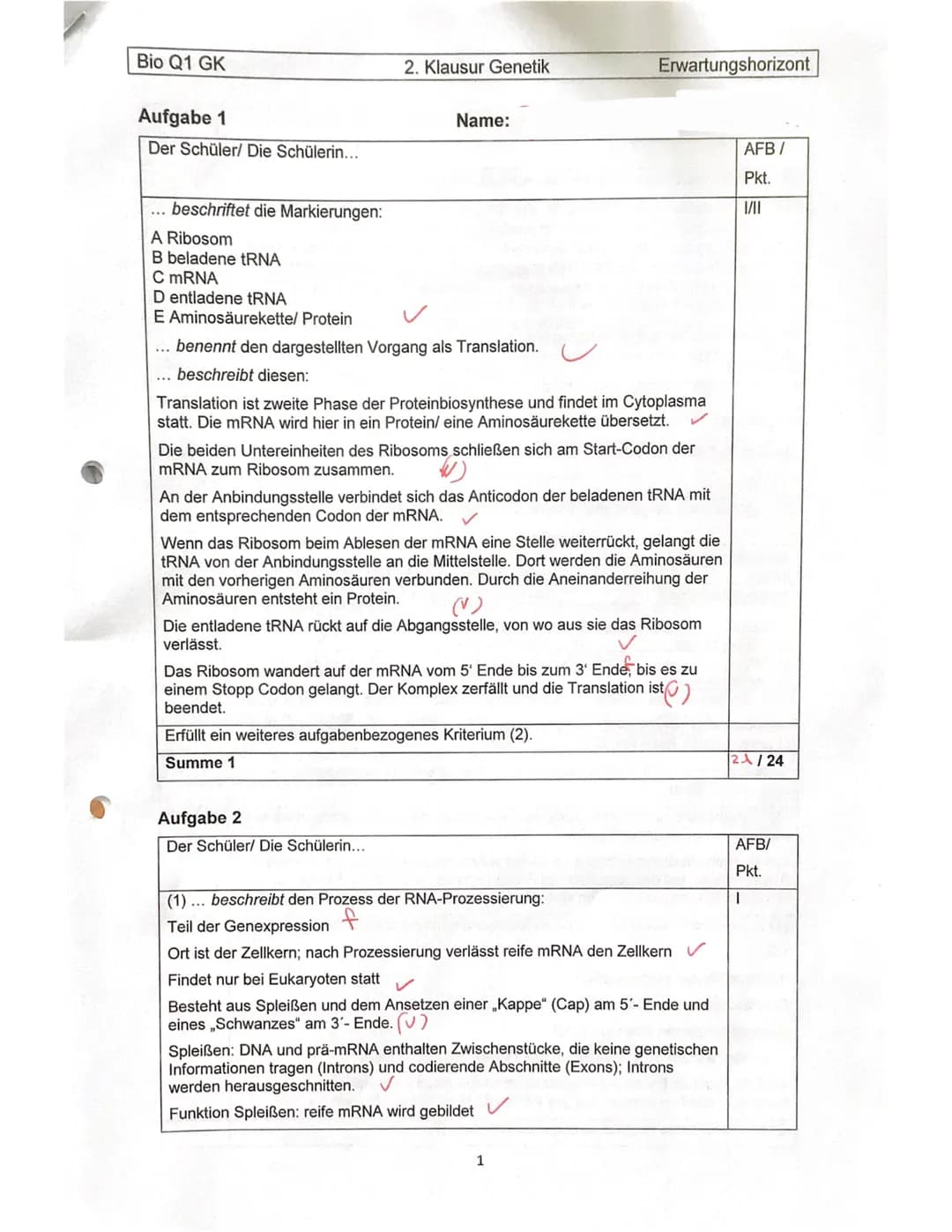 # Bio Q1 GK
# 2. Klausur Genetik
# Erwartungshorizont
## Aufgabe 1
Der Schüler/ Die Schülerin...
Name:
AFB/
Pkt.
VII
... beschriftet die