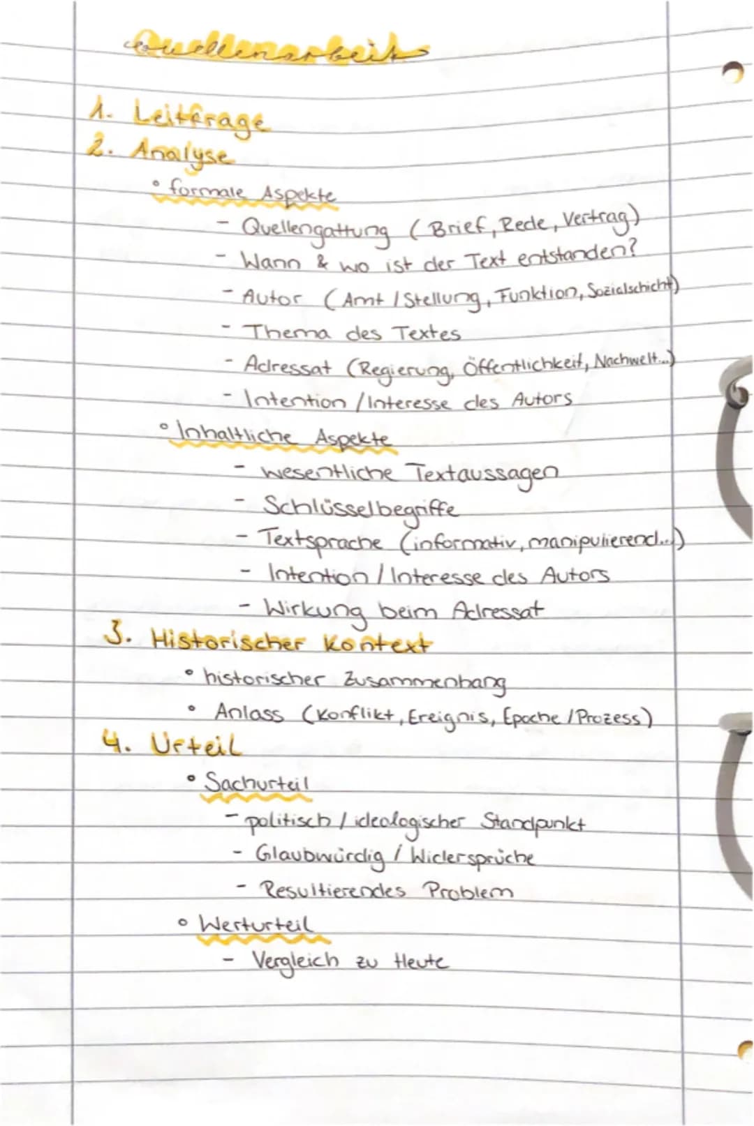 ## couellenarbeit
1. Leitfrage
2. Analyse
* formale Aspekte
- Quellengattung (Brief, Rede, Vertrag)
- Wann & wo ist der Text entst