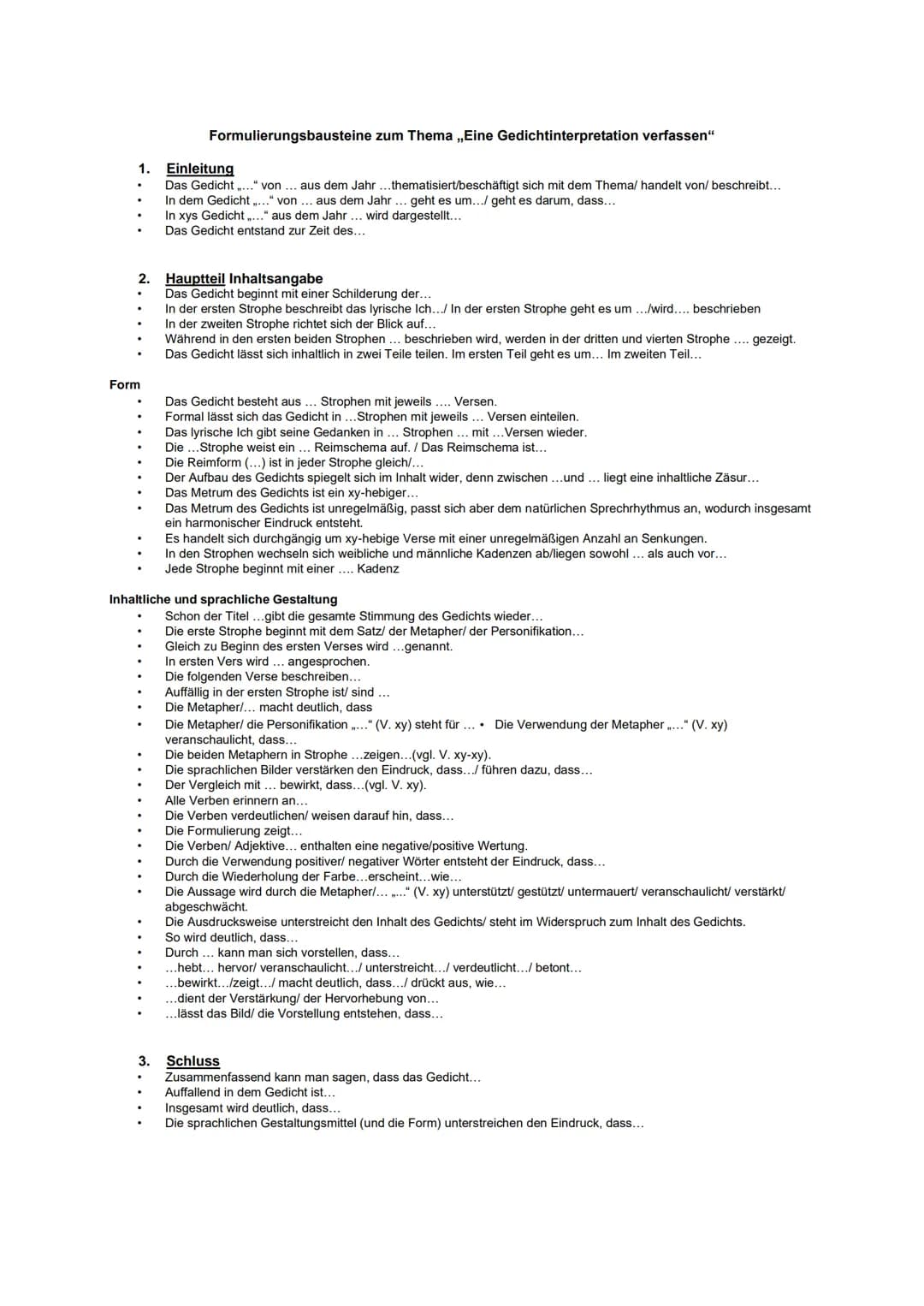 # Formulierungsbausteine zum Thema „Eine Gedichtinterpretation verfassen"
## 1. Einleitung
* Das Gedicht...." von aus dem Jahr...thematisie