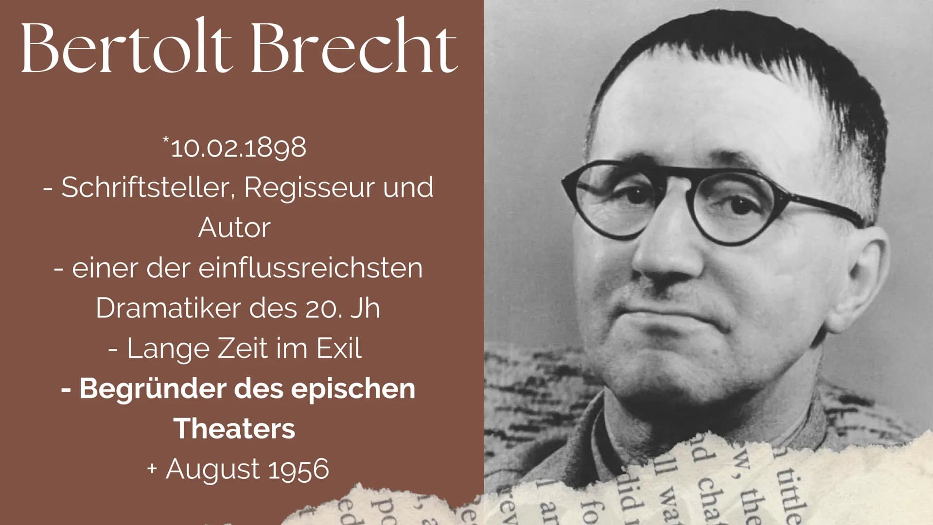 # Das Theater
## Gliederung
1. Entstehung
2. Die Sparten des Theaters
3. Das Sprechtheater
4. Bertold Brecht
5. Das epische Theater nach Bre