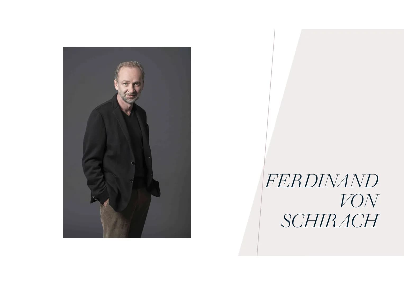 FERDINAND
VON
SCHIRACH # GLIEDERUNG
* Lebensdaten
* Bestseller
* Terror (Theater)
* Schuld (Kurzgeschichte) # LEBENSDATEN
* 12. Mai 1964 in