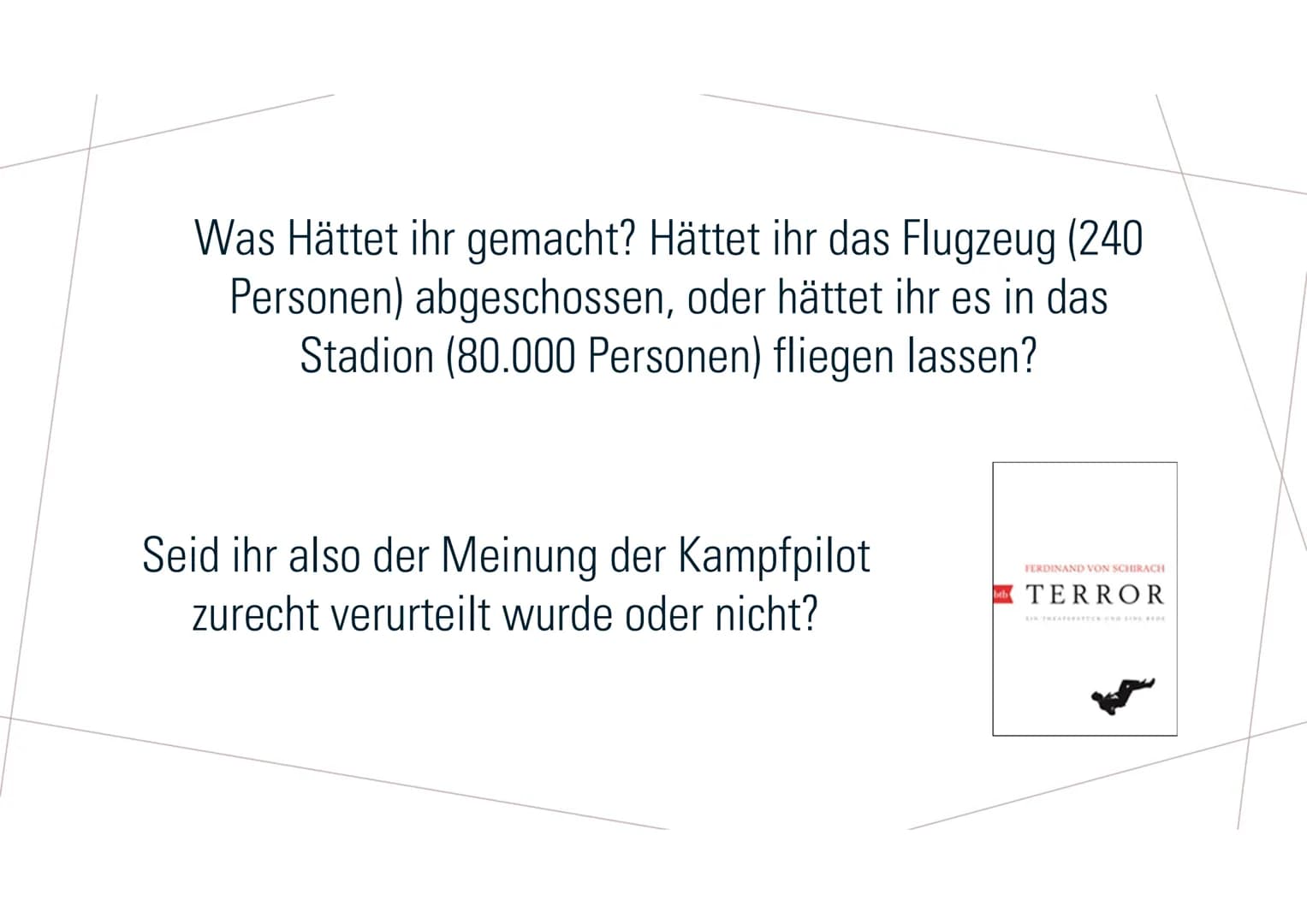 FERDINAND
VON
SCHIRACH # GLIEDERUNG
* Lebensdaten
* Bestseller
* Terror (Theater)
* Schuld (Kurzgeschichte) # LEBENSDATEN
* 12. Mai 1964 in