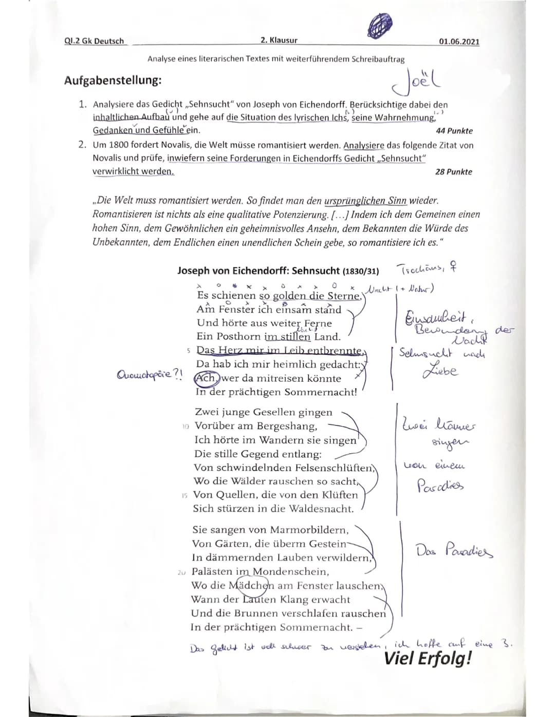 # Q1.2 Deutsch Gk
## 2. Klausur
01.06.2021
NAME:
Joël
Teilaufgabe 1
Anforderungen
Der Prüfling
1
formuliert eine aufgabenbezogene Einlei