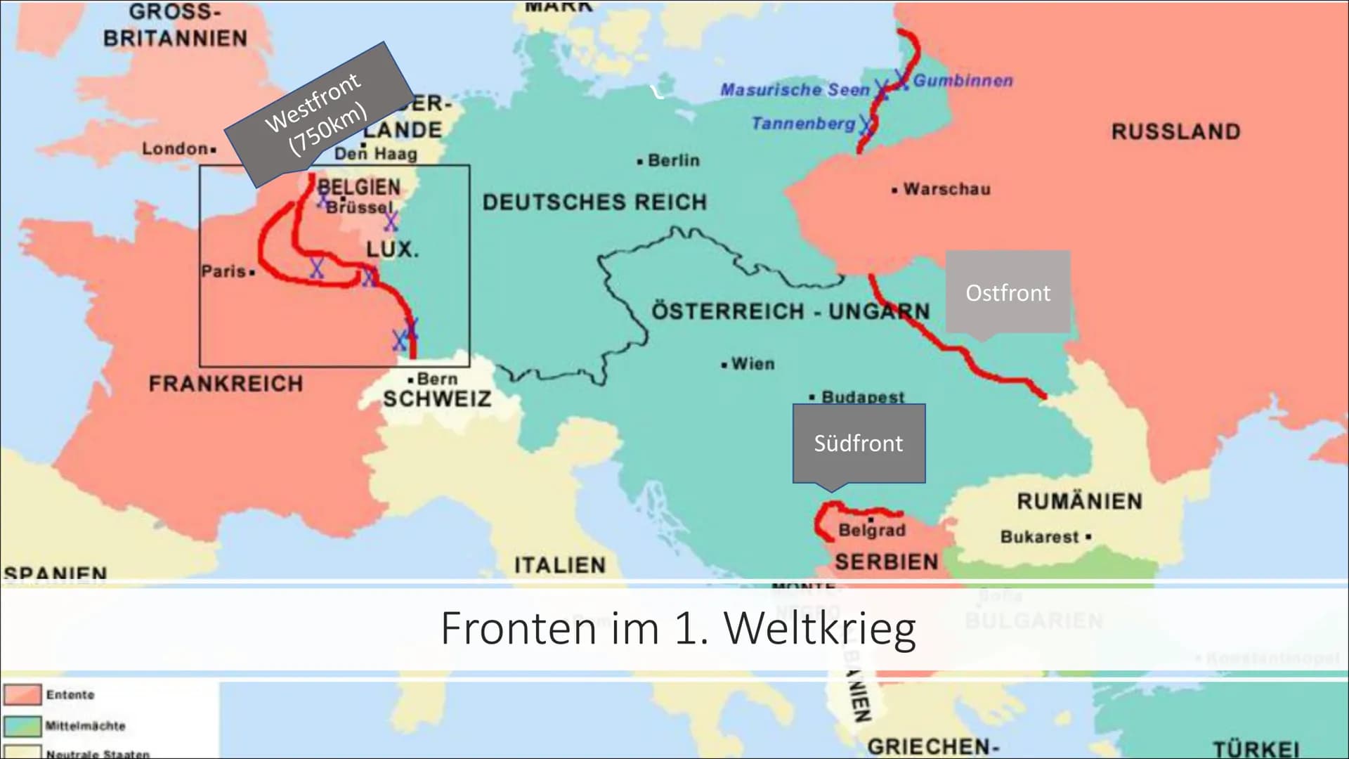 DER ERSTE
WELT
KRIEG
28. JULI 1914 # 1. Weltkrieg:
4 Jahre
1914
1918
Alltag an der Front # Übersicht:
* Was ist die Front?
* Welche Fro