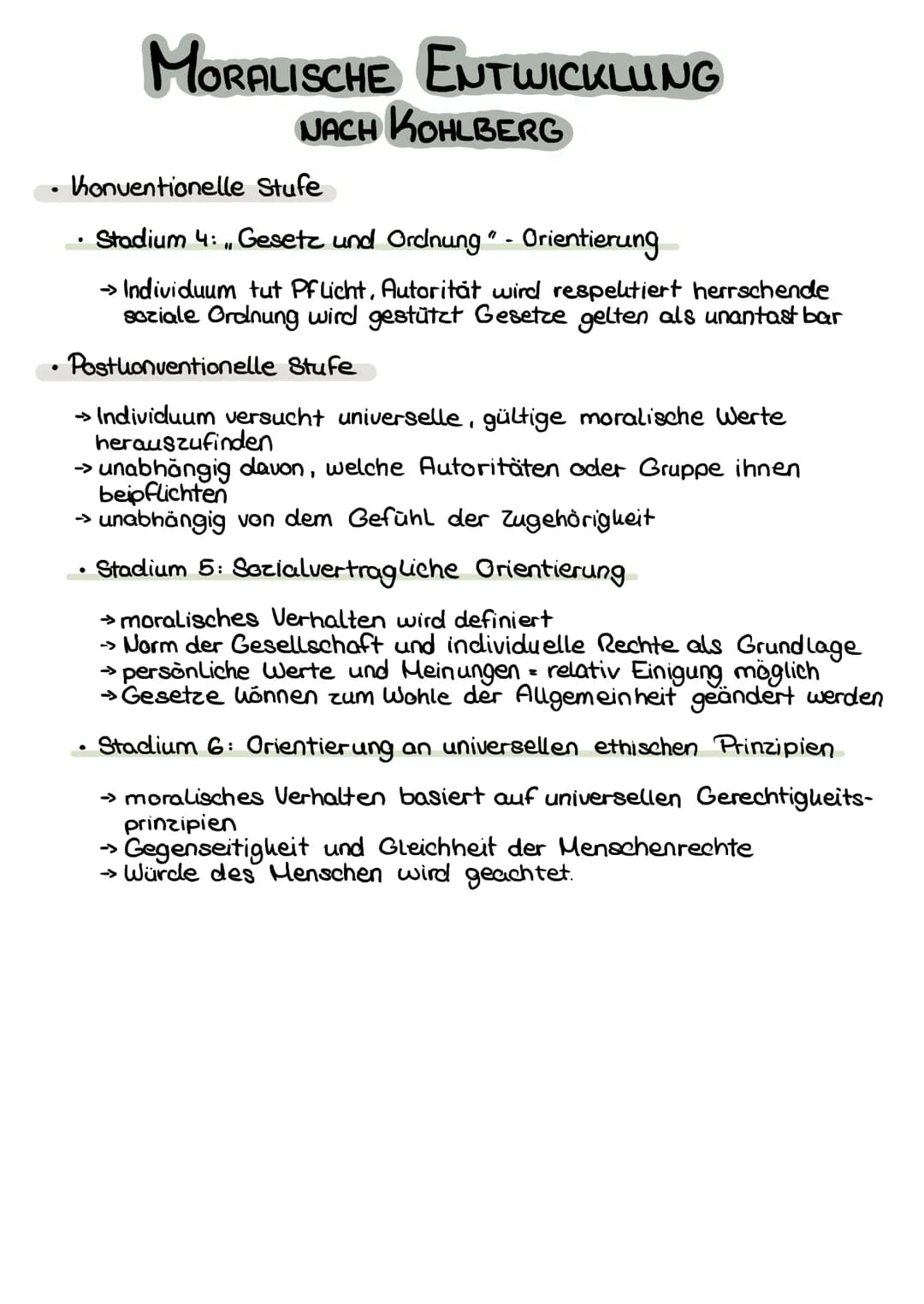 # MORALISCHE ENTWICKLUNG
## NACH KOHLBERG
Stadium 6
Stadium 5
Stadium 4
Stadium 3
Stadium 2
Stadium
1
- Stadium 6: Gewissens- und Prinzipori