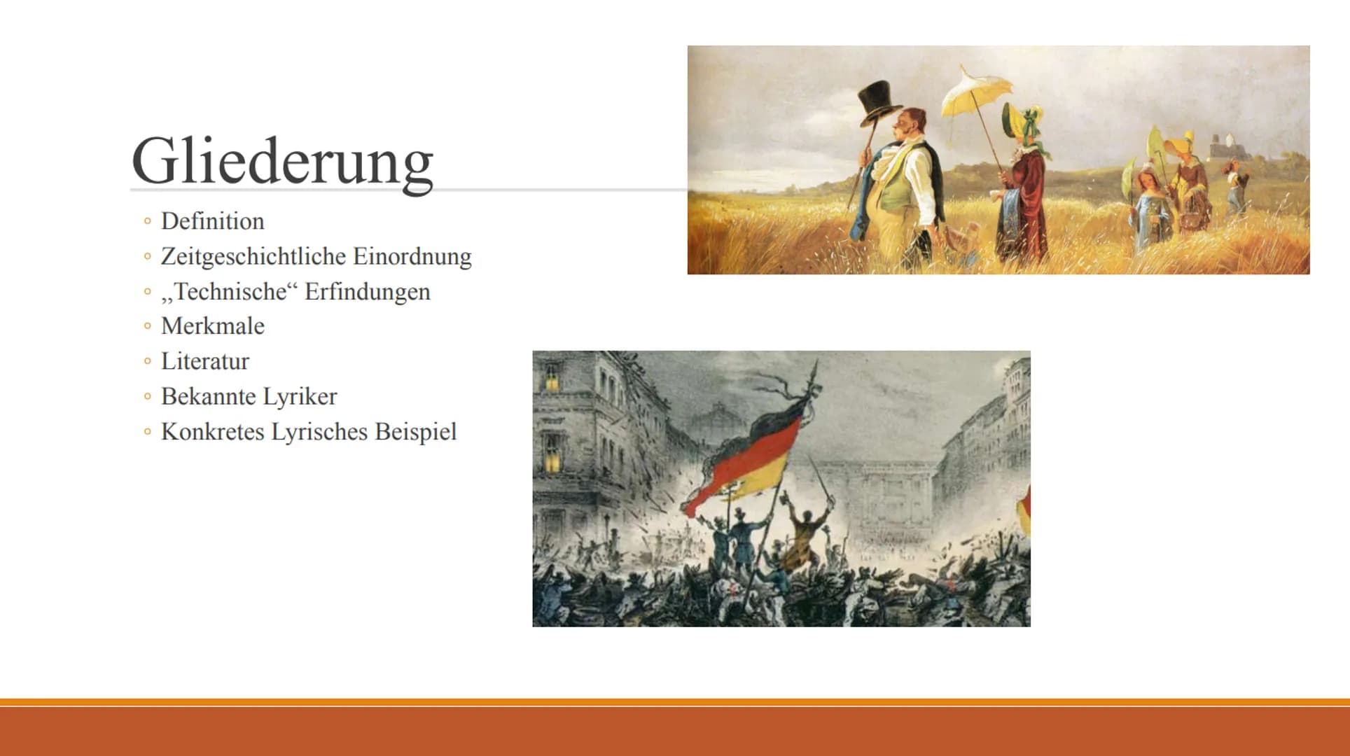 Biedermeier
Epoche
--- # Gliederung
* Definition
* Zeitgeschichtliche Einordnung
* „Technische" Erfindungen
* Merkmale
* Literatur
* Bekann