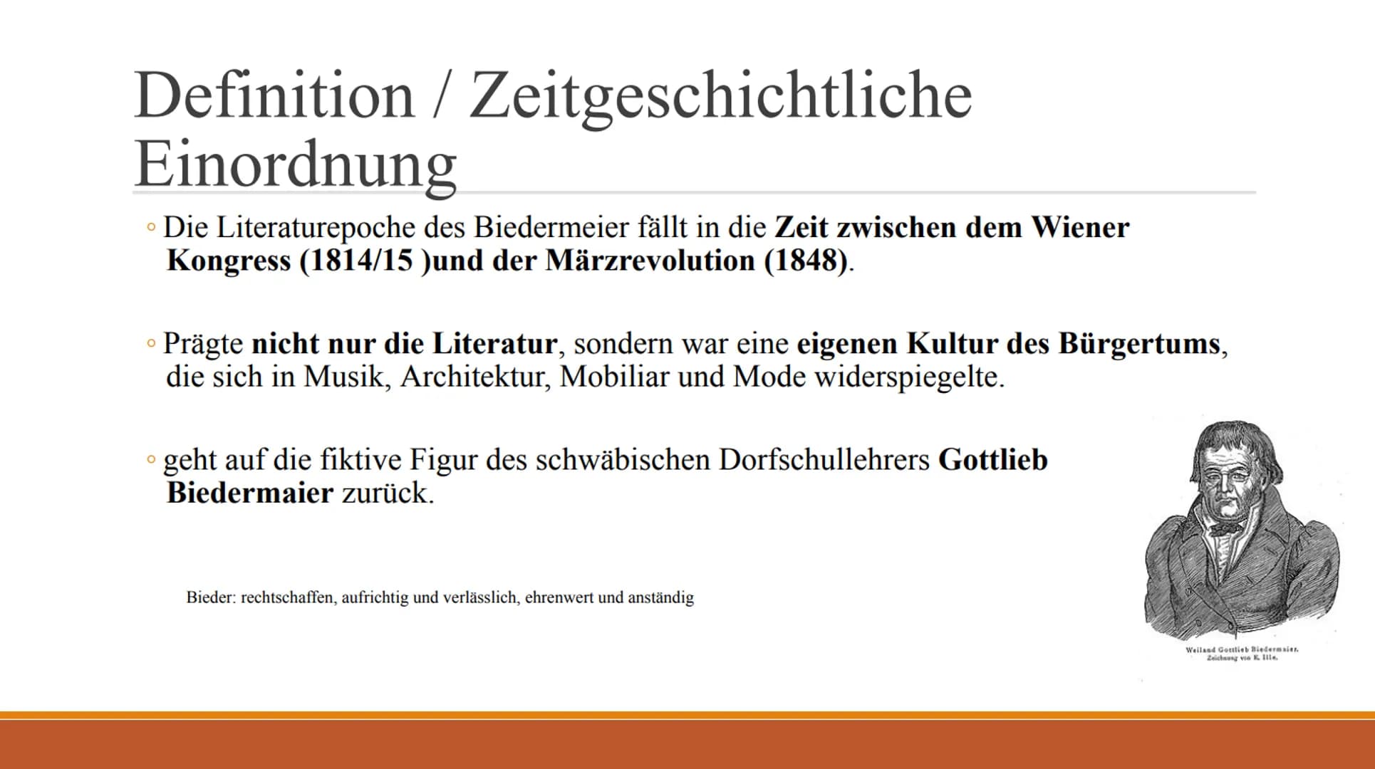 Biedermeier
Epoche
--- # Gliederung
* Definition
* Zeitgeschichtliche Einordnung
* „Technische" Erfindungen
* Merkmale
* Literatur
* Bekann