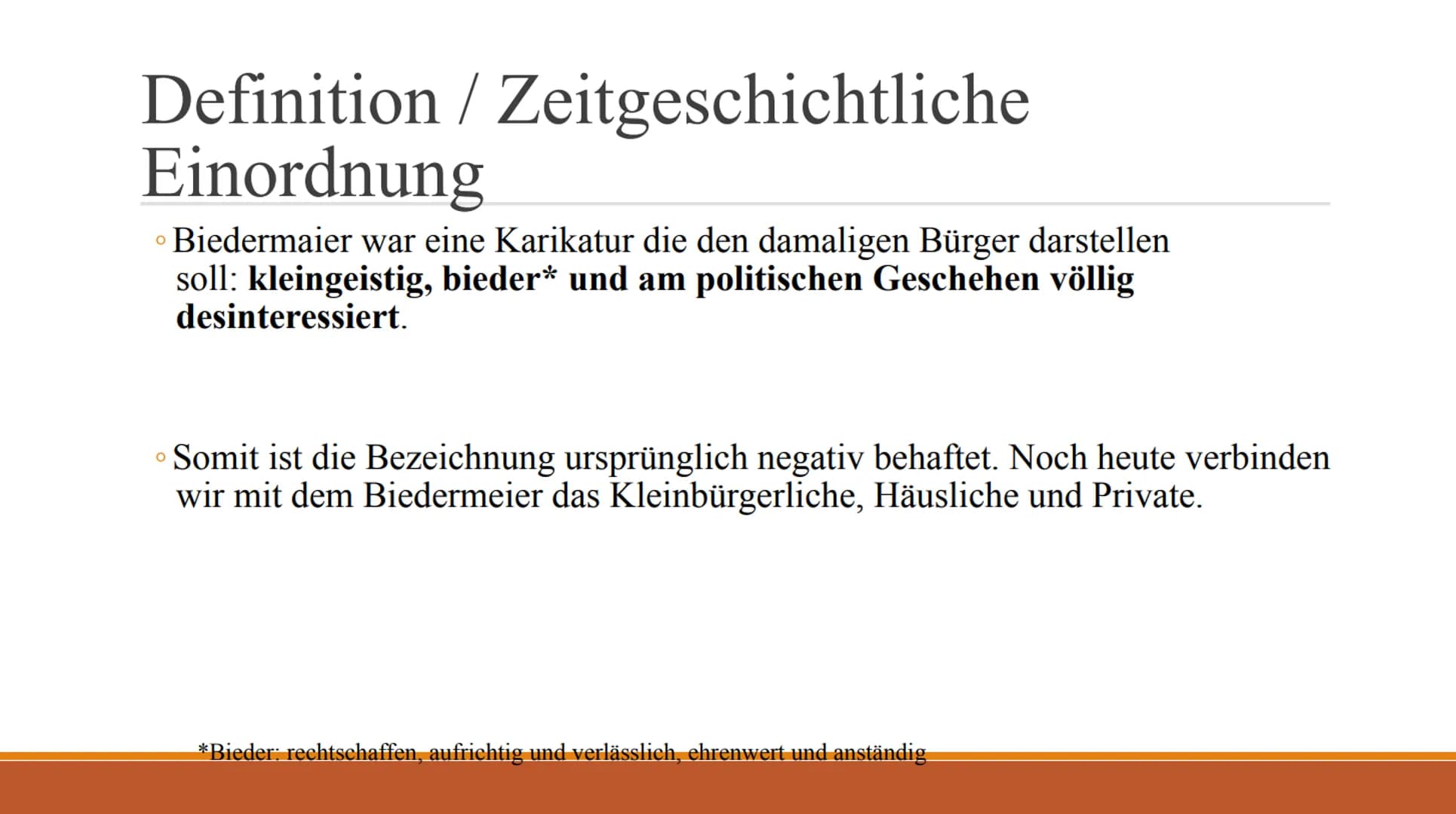 Biedermeier
Epoche
--- # Gliederung
* Definition
* Zeitgeschichtliche Einordnung
* „Technische" Erfindungen
* Merkmale
* Literatur
* Bekann
