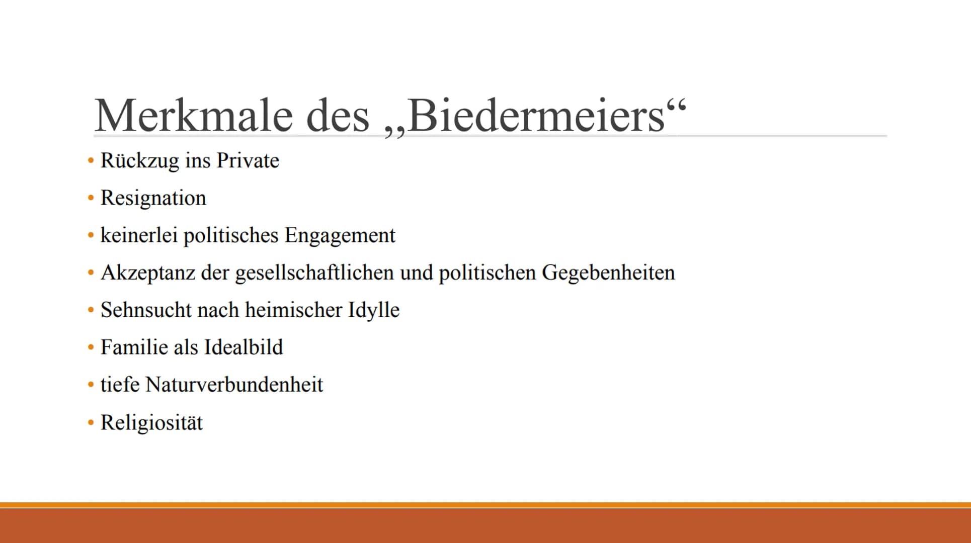 Biedermeier
Epoche
--- # Gliederung
* Definition
* Zeitgeschichtliche Einordnung
* „Technische" Erfindungen
* Merkmale
* Literatur
* Bekann