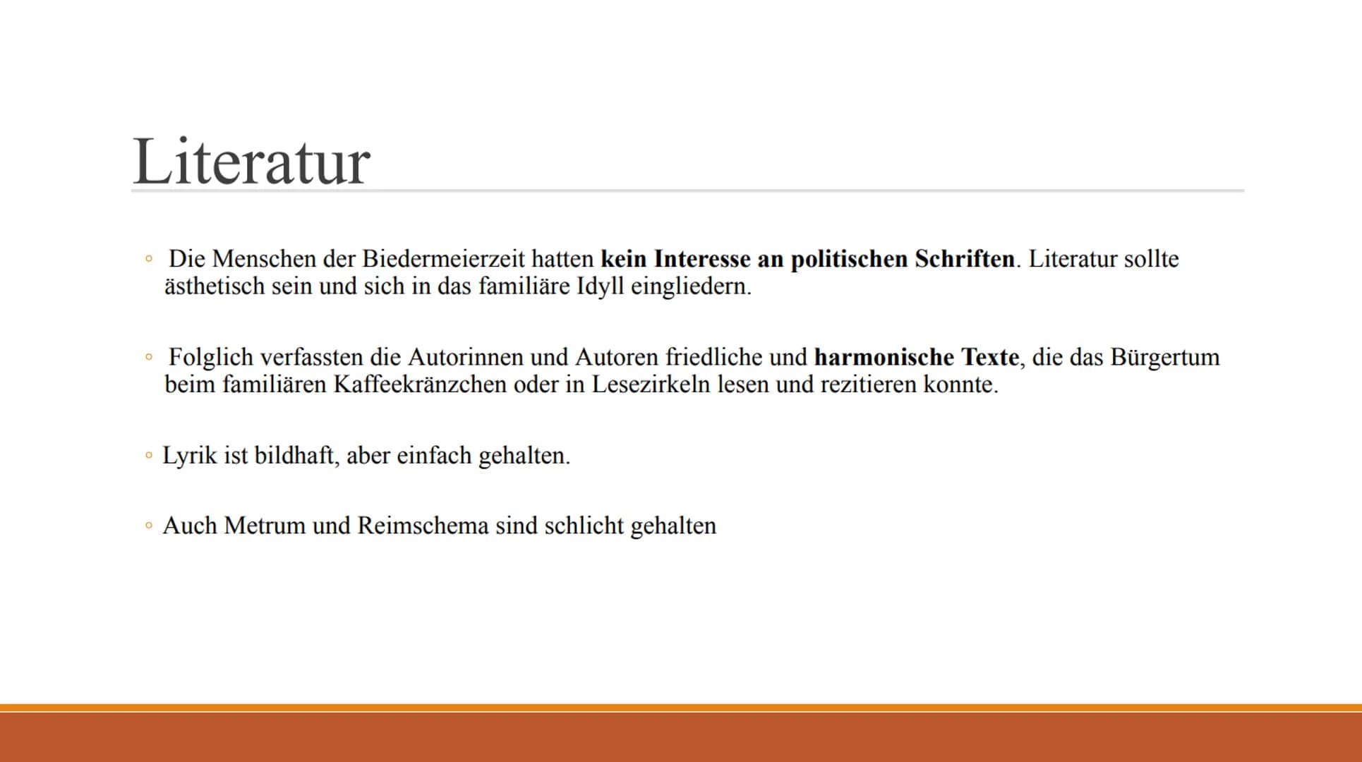 Biedermeier
Epoche
--- # Gliederung
* Definition
* Zeitgeschichtliche Einordnung
* „Technische" Erfindungen
* Merkmale
* Literatur
* Bekann