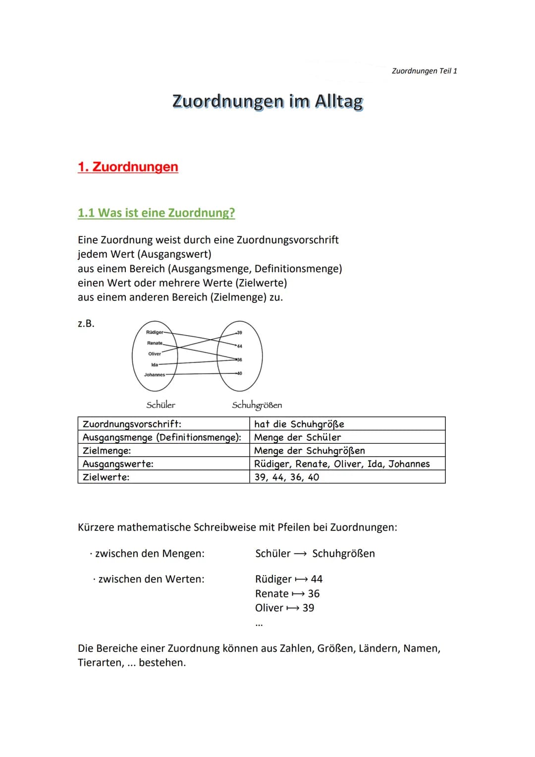 # Zuordnungen im Alltag
Zuordnungen Teil 1
## 1. Zuordnungen
### 1.1 Was ist eine Zuordnung?
Eine Zuordnung weist durch eine Zuordnungsvo