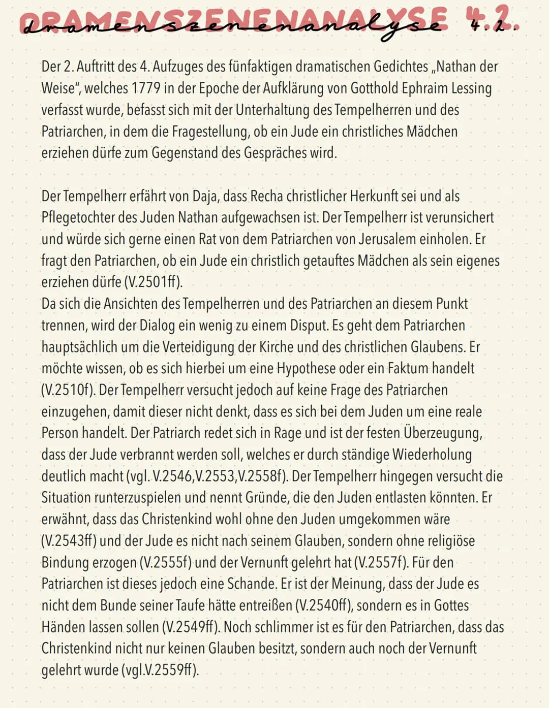 ## QRAMENSZENENANALYSE 4.2.
Der 2. Auftritt des 4. Aufzuges des fünfaktigen dramatischen Gedichtes „Nathan der
Weise", welches 1779 in der E