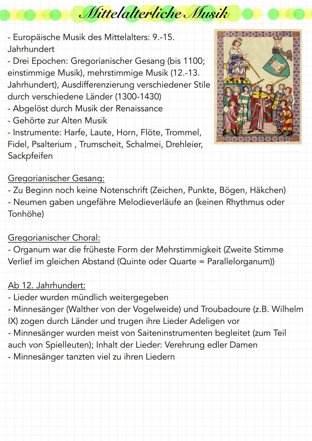 # Mittelalterliche Musik
- Europäische Musik des Mittelalters: 9.-15. Jahrhundert
- Drei Epochen: Gregorianischer Gesang (bis 1100; einstimm