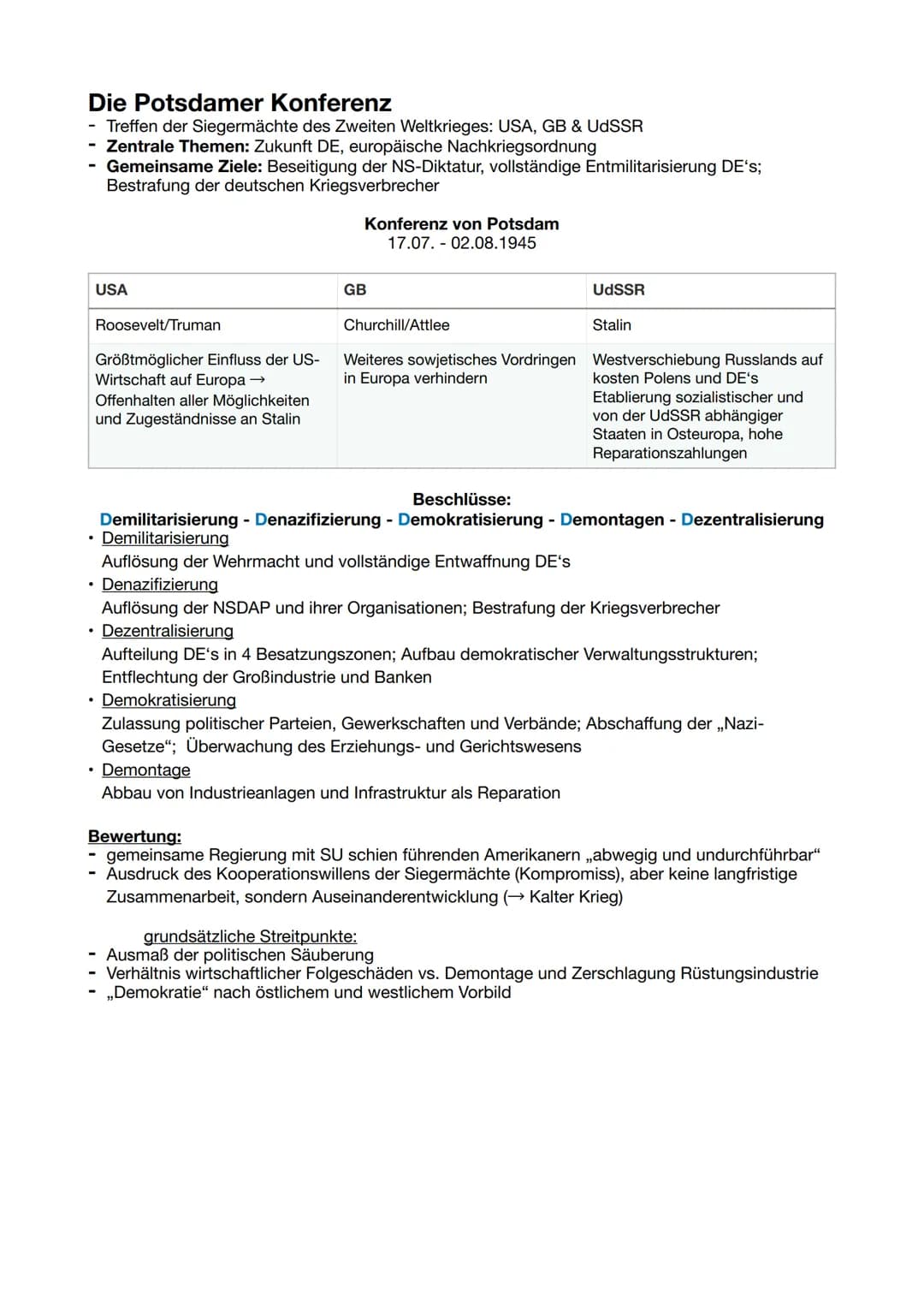 # Die Potsdamer Konferenz
- Treffen der Siegermächte des Zweiten Weltkrieges: USA, GB & UdSSR
- Zentrale Themen: Zukunft DE, europäische Nac