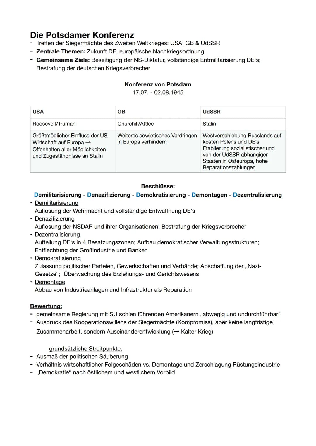 # Die Potsdamer Konferenz
- Treffen der Siegermächte des Zweiten Weltkrieges: USA, GB & UdSSR
- Zentrale Themen: Zukunft DE, europäische Nac