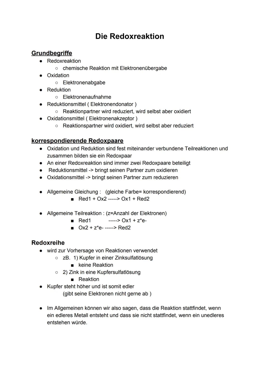 # Die Redoxreaktion
## Grundbegriffe
- Redoxreaktion
- chemische Reaktion mit Elektronenübergabe
- Oxidation
- Elektronenabgabe
- Reduk