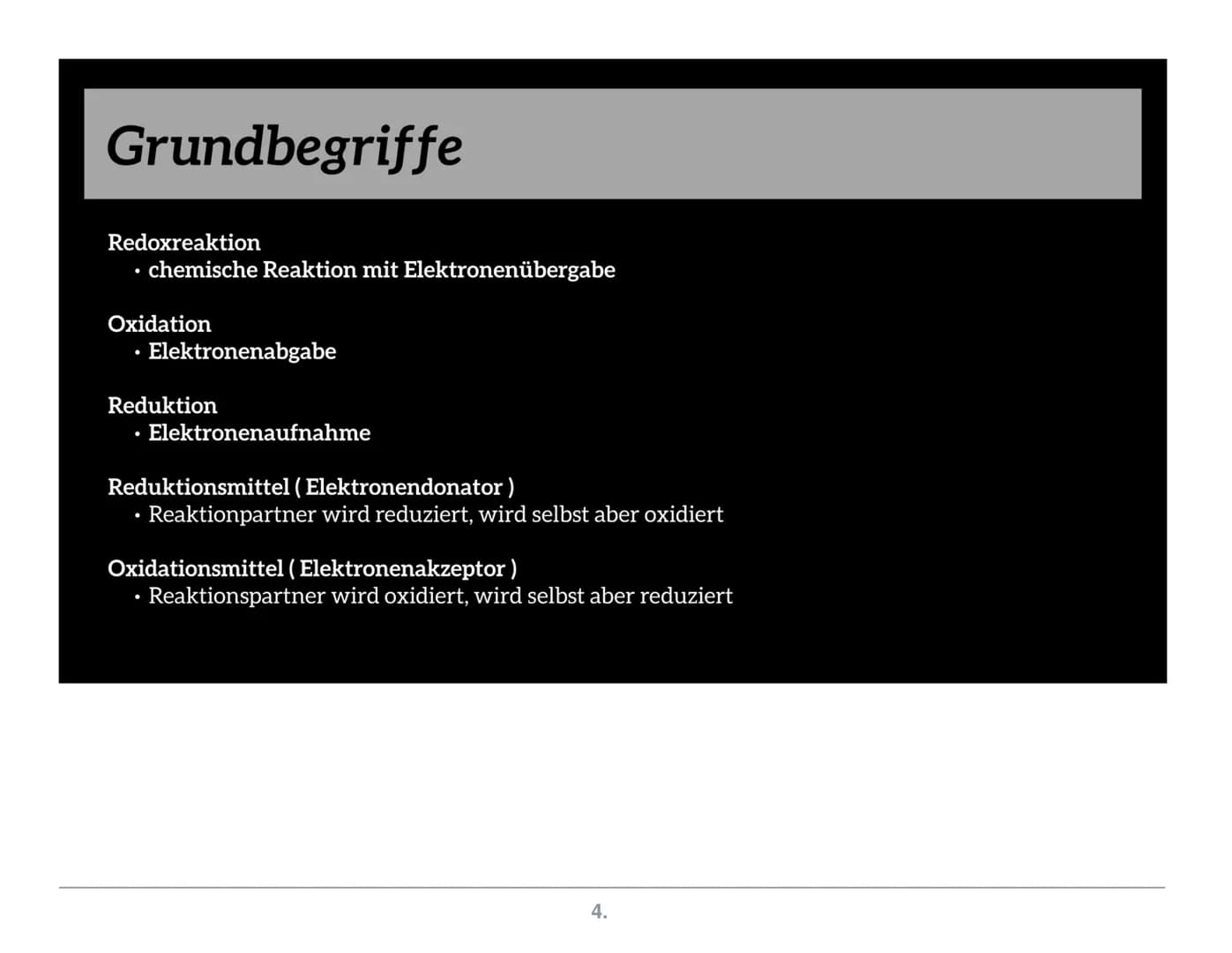 # Die Redoxreaktion
## Grundbegriffe
- Redoxreaktion
- chemische Reaktion mit Elektronenübergabe
- Oxidation
- Elektronenabgabe
- Reduk