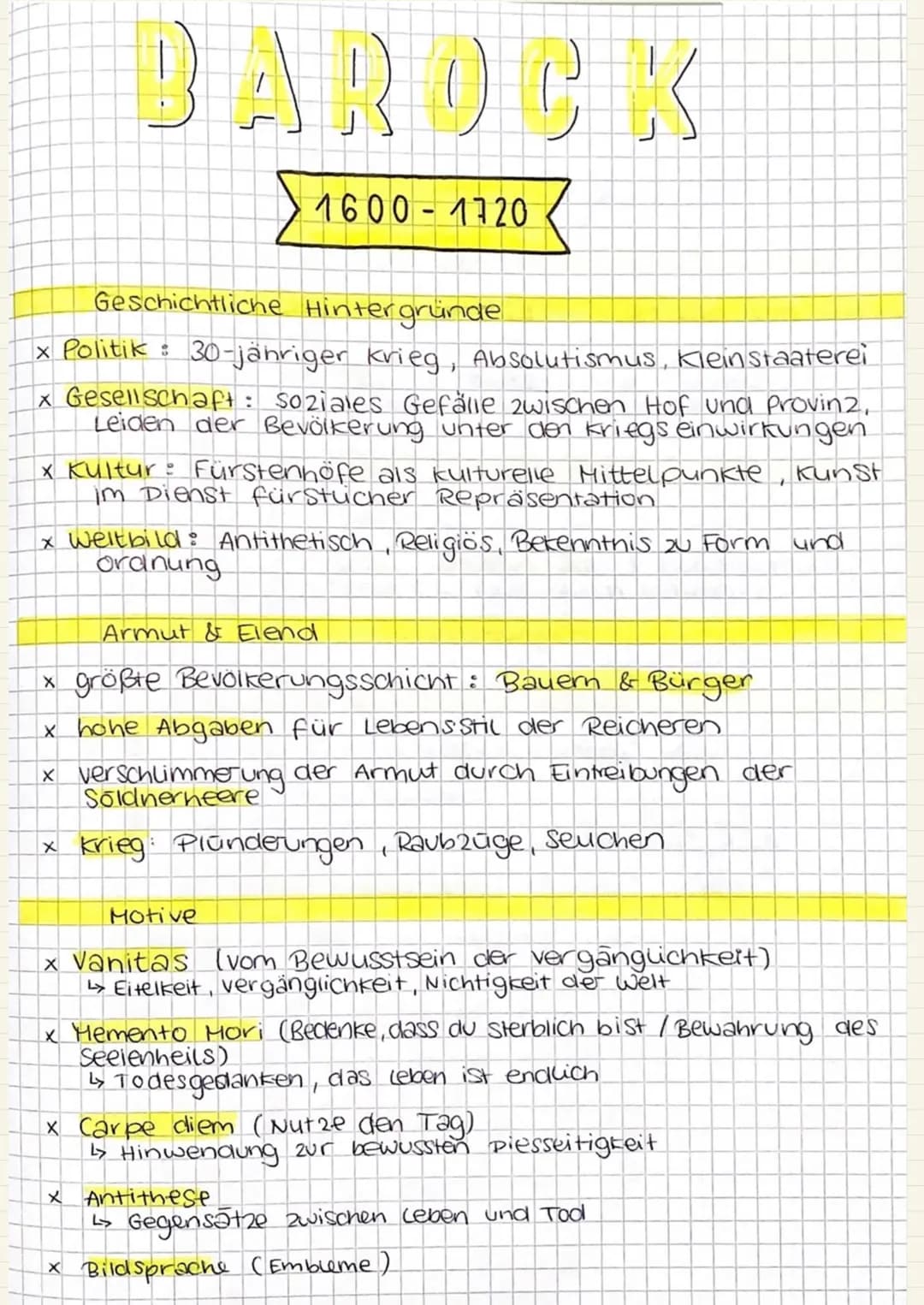 BAROCK
1600-1720
Geschichtliche Hintergründe
* Politik: 30-jähriger Krieg, Absolutismus, Kleinstaaterei
* Gesellschaft: Soziales Gefälle z