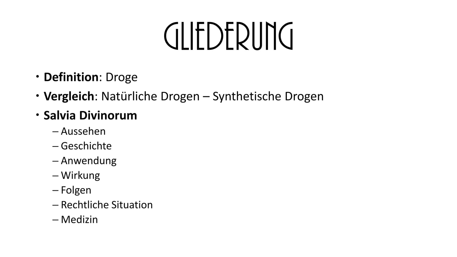 Damit ihr einen kleinen Überblick, über die Themen und Punkte bekommt,
die ich euch heute vorstellen werde: Hier meine Gliederung.
Zuerst we