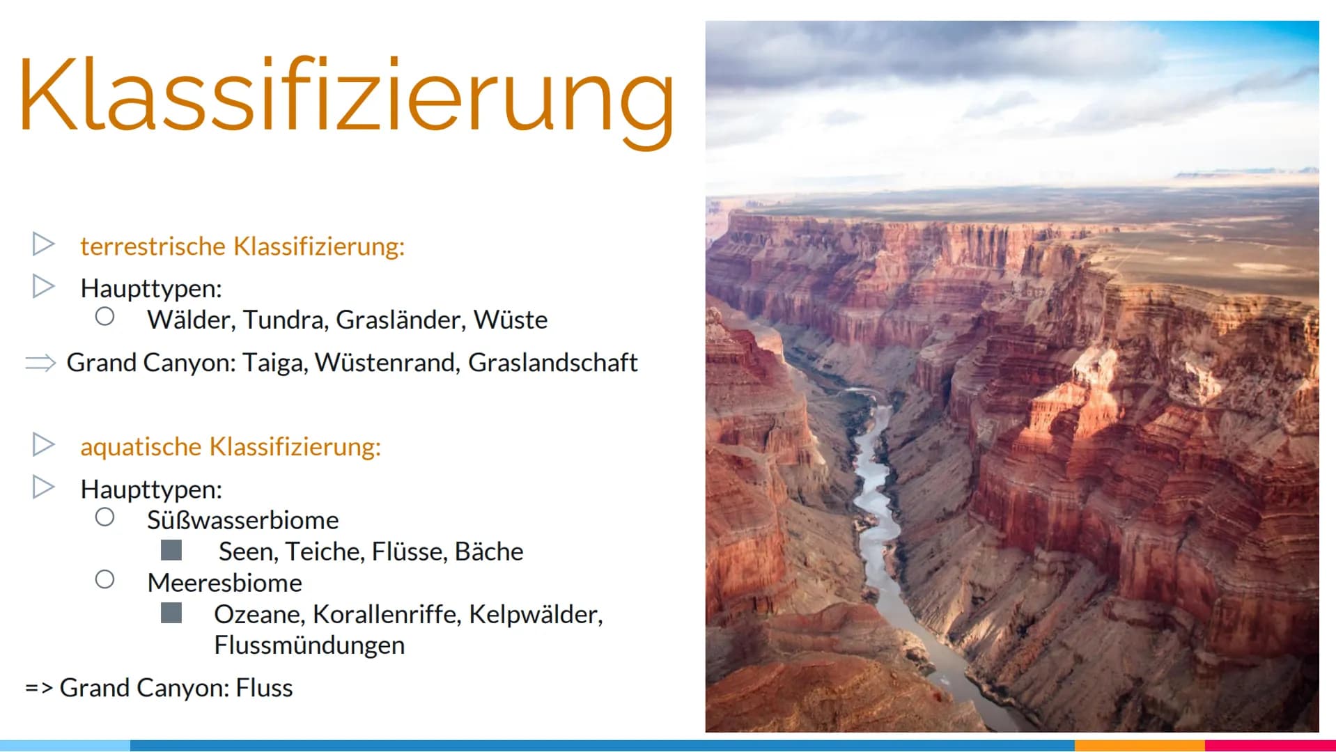 ## Grand Canyon
### Gliederung:
1. Name des Ökosystems
2. geografische Lage
3. Klassifizierung
4. abiotische Faktoren
5. Biotop
6. tierisch