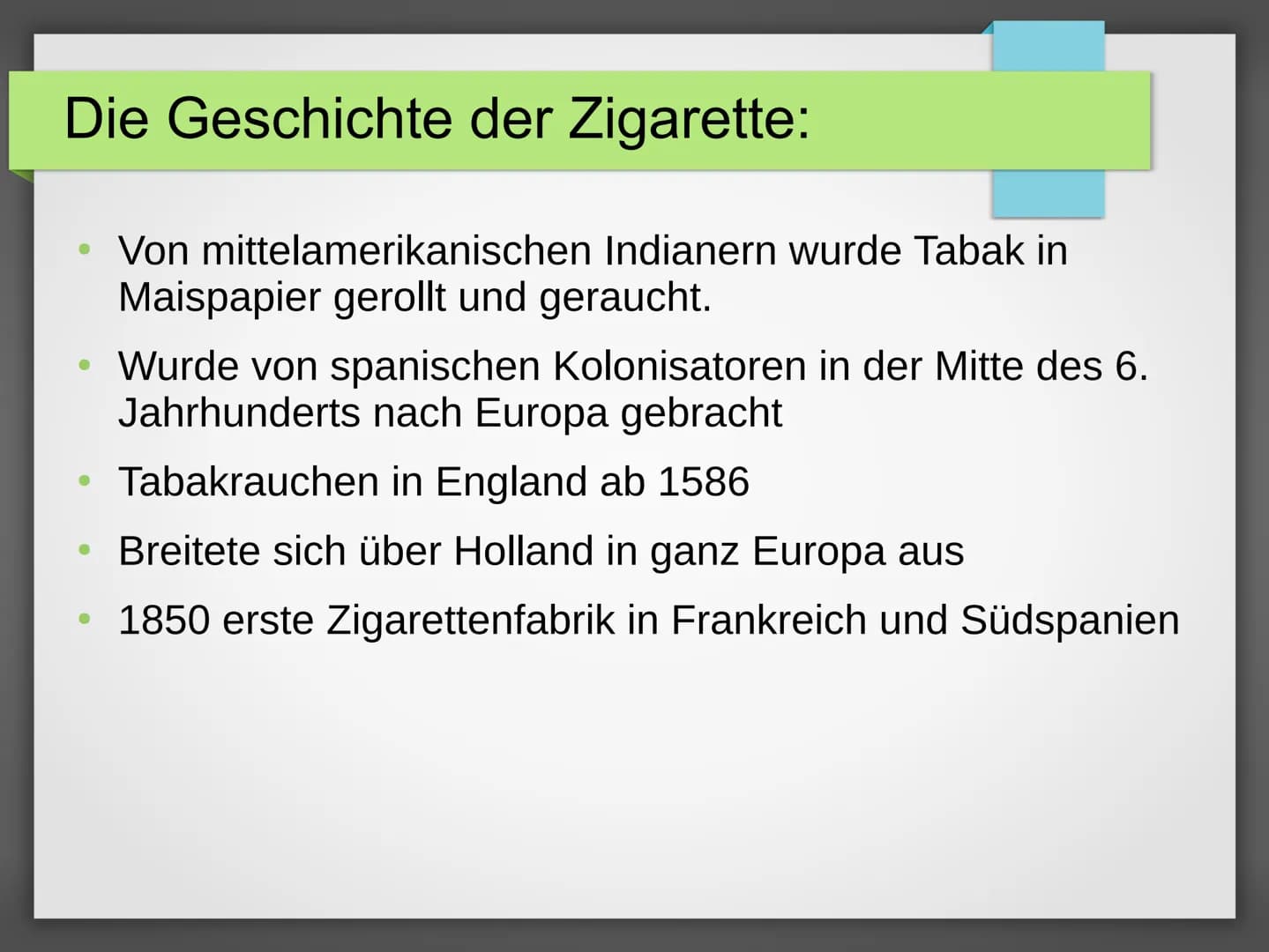 GFS Biologie
Datum: 3.5.2019
Thema: RAUCHEN # Inhalt:
- Aufbau einer Zigarette
- Die Geschichte der Zigarette
- Inhaltsstoffe einer Zigare