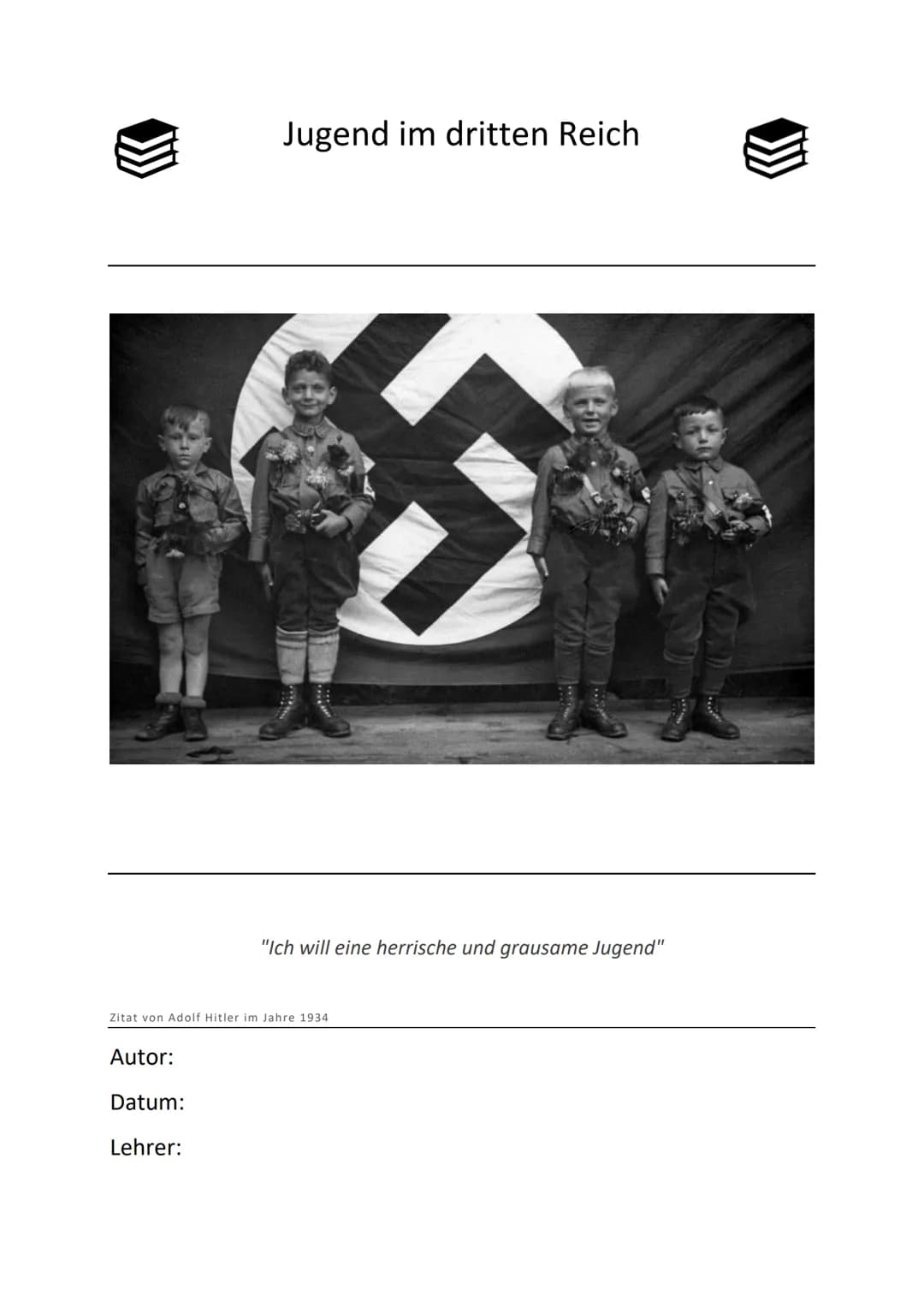 <h2>Einleitung</h2>
<p>Die Jugend im Dritten Reich war von großer Bedeutung für die nationalsozialistische Ideologie und wurde gezielt beei