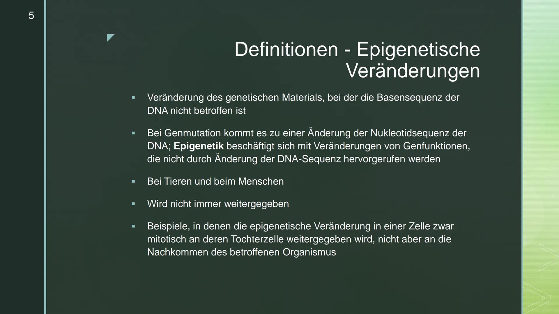 Nele Schunk
Epigenetik
Q2
## Definition:
- Teilgebiet der Genetik, das sich mit der Veränderung von Genfunktionen beschäftigt, die nicht du