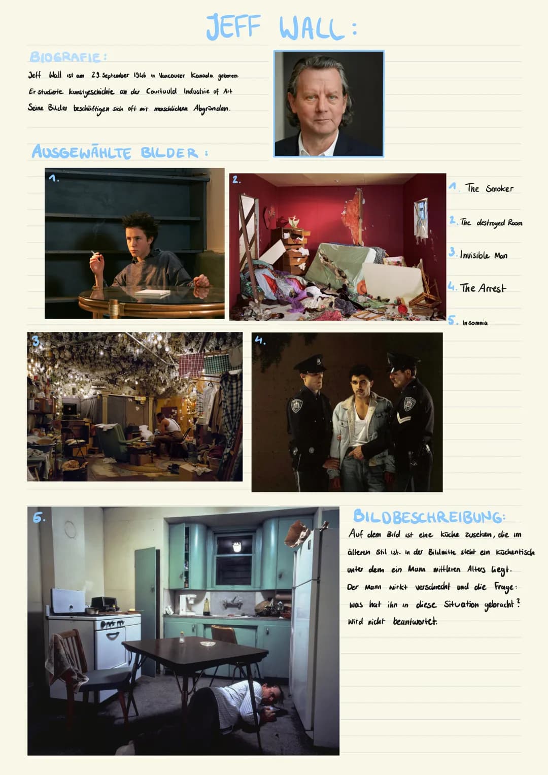 # JEFF WALL:
## BIOGRAFIE:
Jeff Wall ist am 29. September 1946 in Vancouver Kanada geboren.
Er studierte kunstgeschichte an der Courtauld I