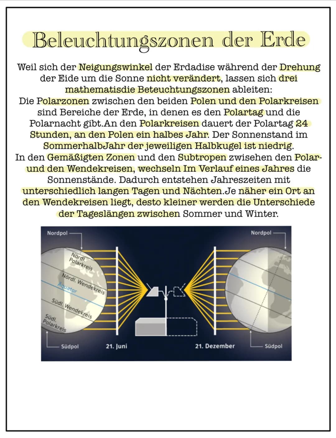 # Beleuchtungszonen der Erde
Weil sich der Neigungswinkel der Erdadise während der Drehung
der Eide um die Sonne nicht verändert, lassen sic