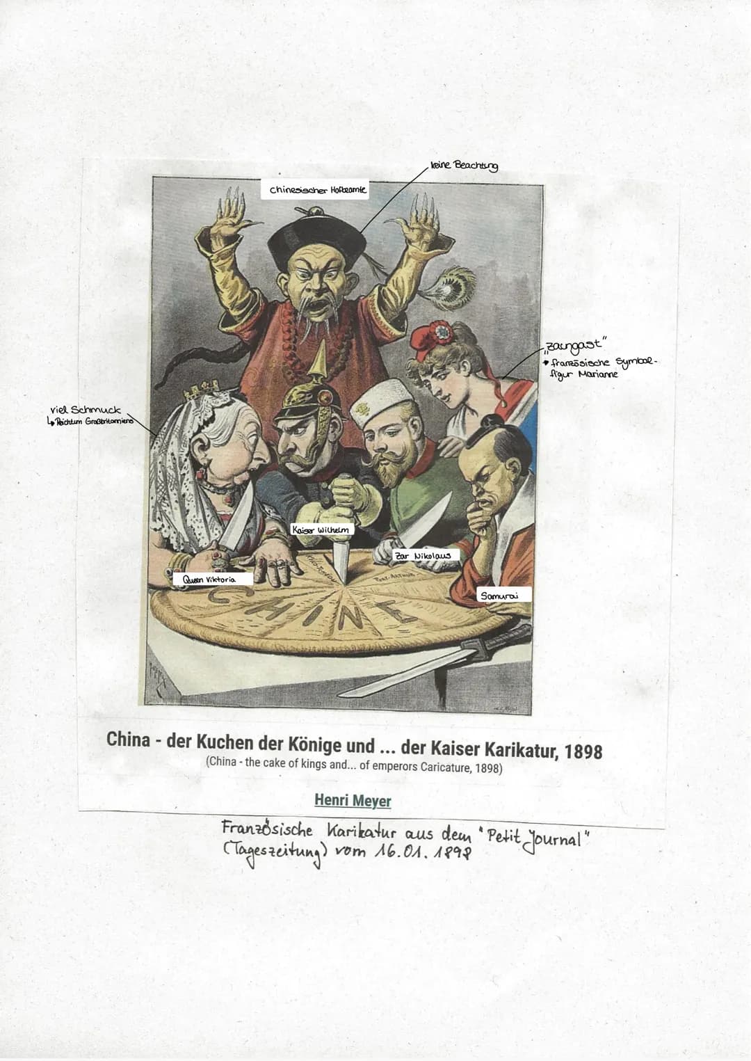 viel Schmuck
Reichtum Großbritanniens
Queen Viktoria
keine Beachtung
Chinesischer Hofbeamte
Kaiser Wilhelm
Zar Nikolaus
Samurai
Zaungast"
fr