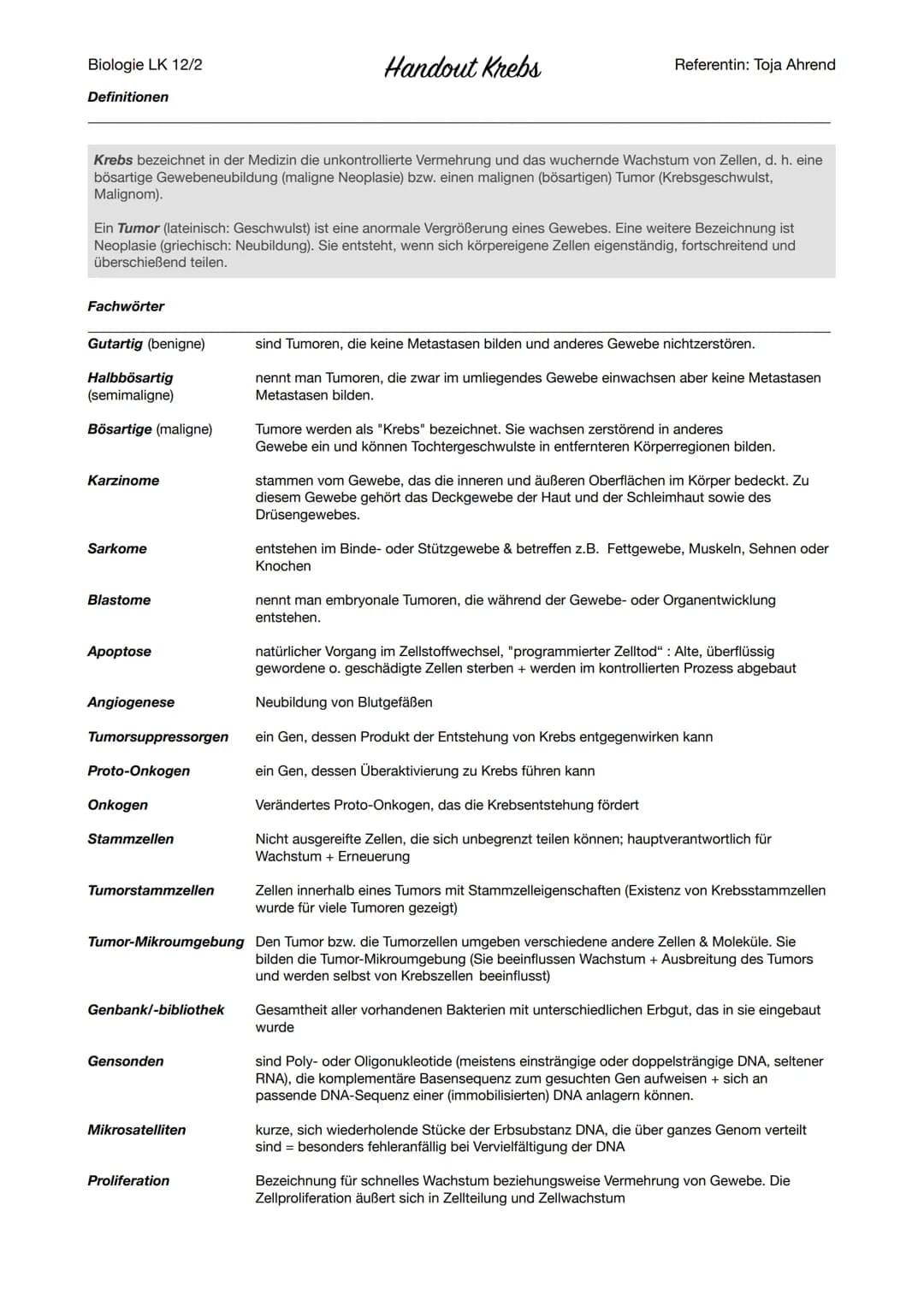 # Biologie LK 12/2
# Handout Krebs
## Definitionen
Referentin: Toja Ahrend
Krebs bezeichnet in der Medizin die unkontrollierte Vermehrung u