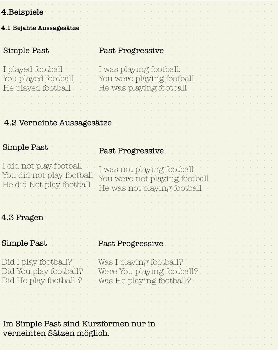# Simple Past & Past Progressive
- Gegenüberstellung
## 1. Verwendung
### Simple Past
- Handlungen sind in der Vergangenheit abgeschlossen