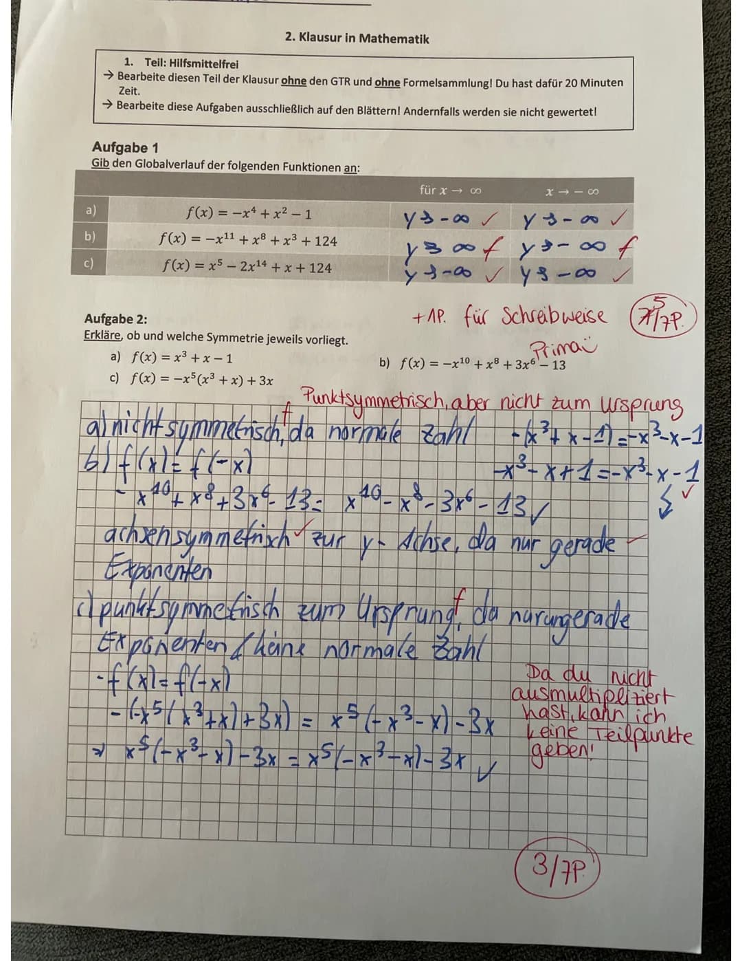 ## 2. Klausur in Mathematik
### 1. Teil: Hilfsmittelfrei
- Bearbeite diesen Teil der Klausur ohne den GTR und ohne Formelsammlung! Du hast d
