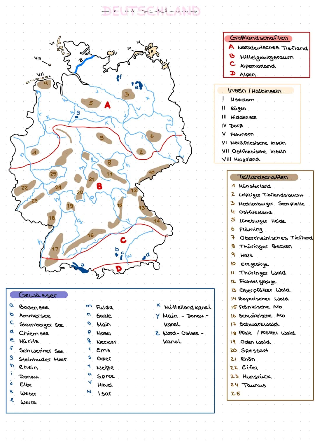 DEUTSCHLAND
# Großlandschaften
A Norddeutsches Tiefland
B Mittelgebirgsraum
C Alpenvorland
D Alpen
# Inseln / Halbinseln
I Usedom
II Rügen