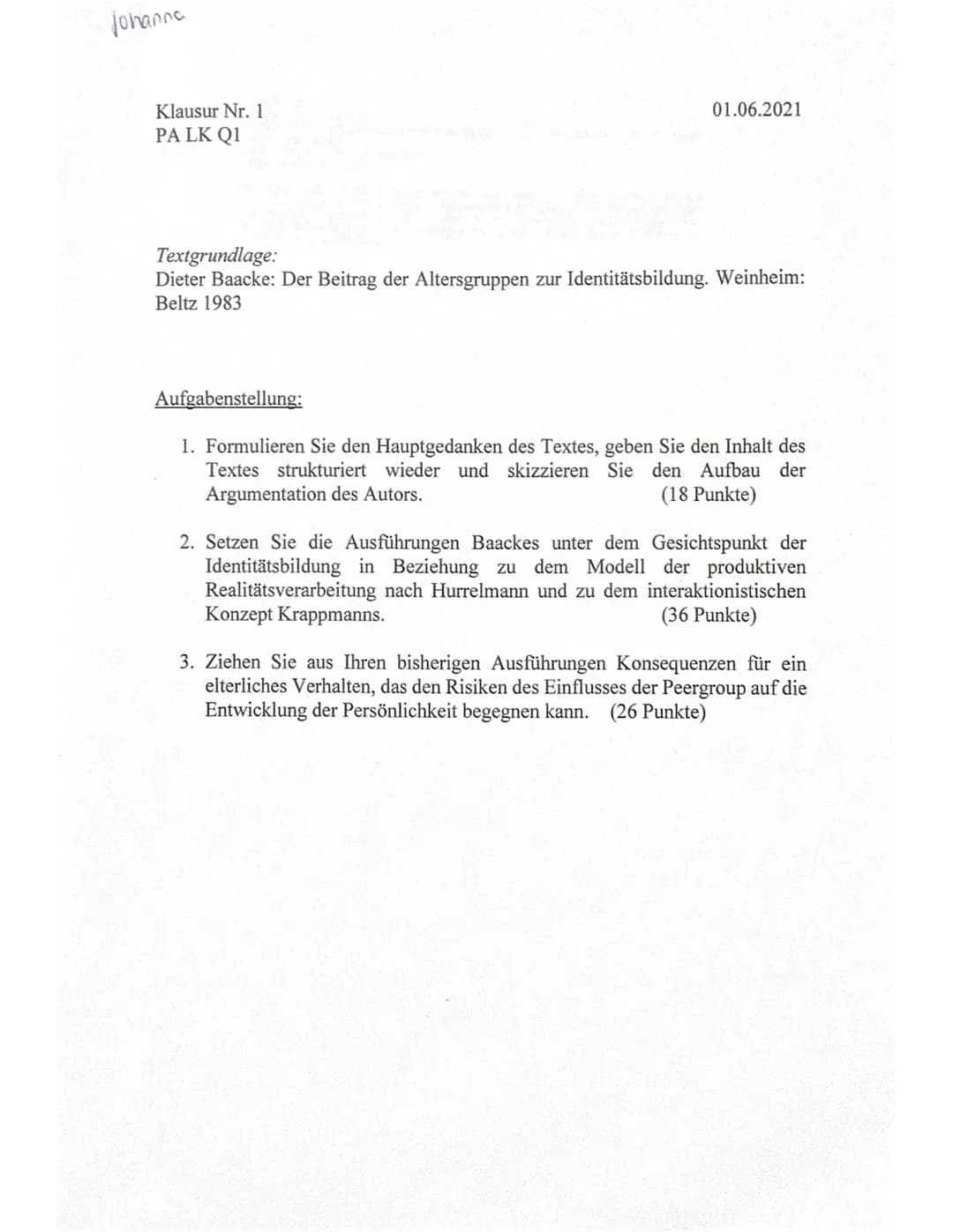 # Bewertungsbogen zur 2. Klausur im Fach Pädagogik (2. Halbjahr)
## Thema: Sozialisationstheorien
Name:
## Teilaufgabe 1:
### Anforderunge