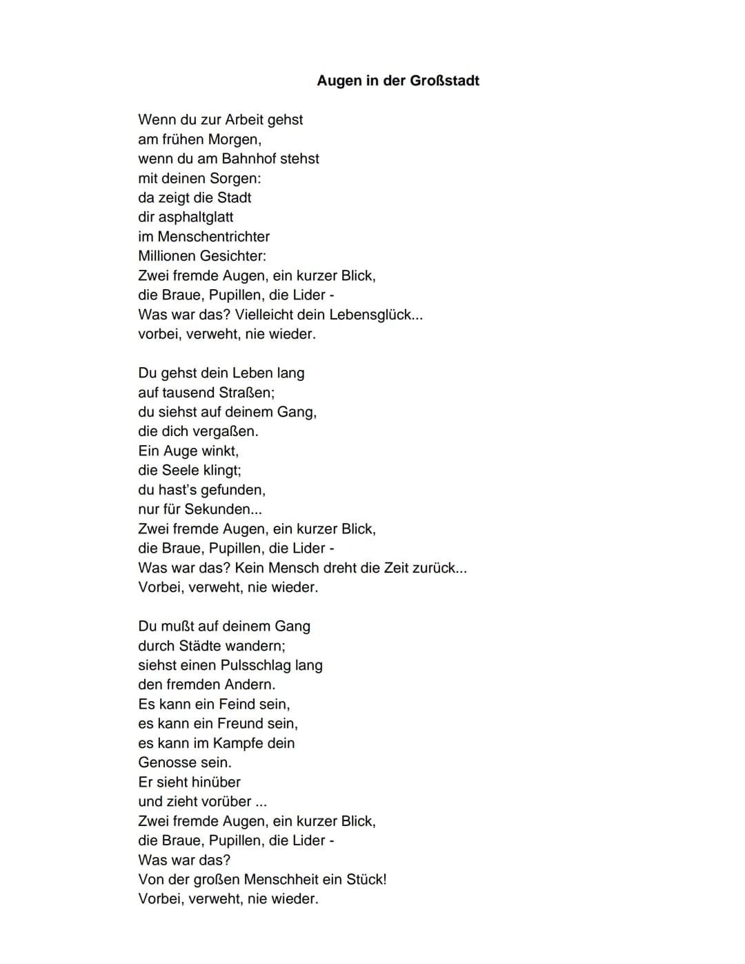 # Gedichtanalyse zu „Augen in der Großstadt"
In dem Gedicht „Augen in der Großstadt von Kurt Tucholsky, erstmals im Jahre 1932 veröffentlic