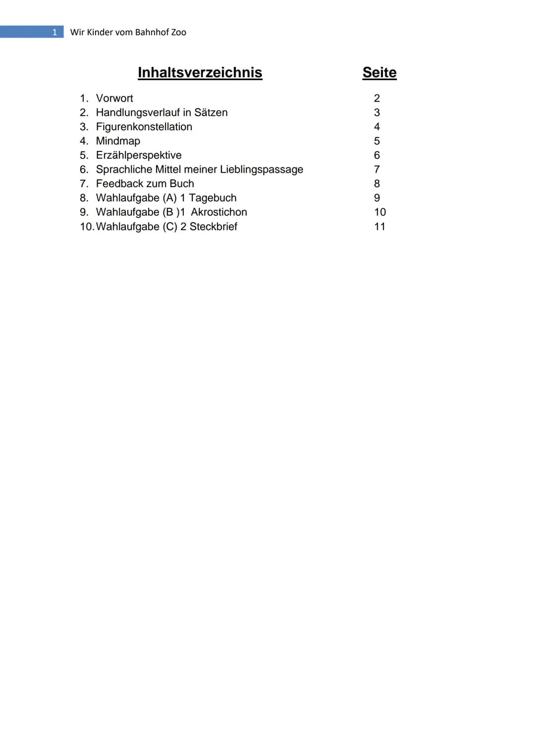 Wir Kinder vom Bahnhof Zoo
# Inhaltsverzeichnis
Seite
1. Vorwort
2
2. Handlungsverlauf in Sätzen
3
3. Figurenkonstellation
4
4. Mindmap
5