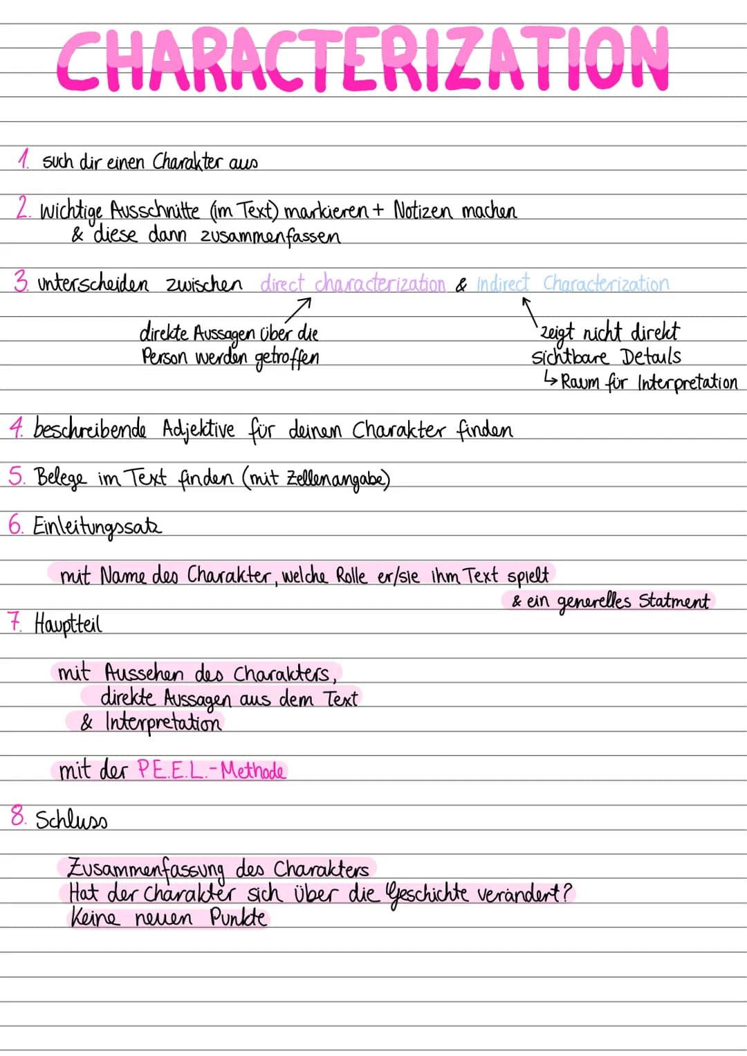 # P.E.E.L.-METHODE
Point = dein Punkt/deine Aussage
Evidence = (Text-) Belege + Zeilenangabe
Explain = Erklärung/Interpretation
Link = Verbi
