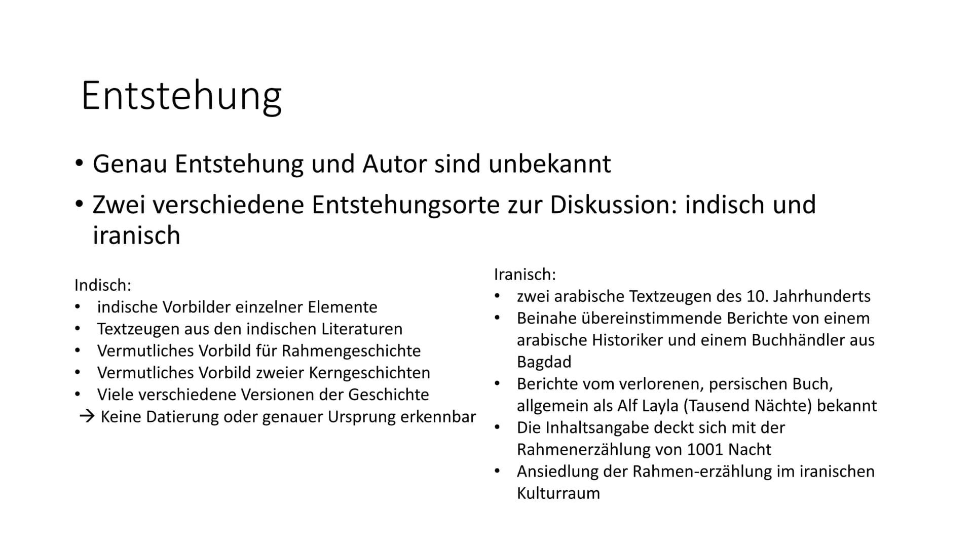 Marlene Müller
# 1001 Nacht
## Aufbau, Entstehung und Inhalt
## Allgemeiner Aufbau und Inhalt
* Eine Rahmengeschichte mit Geschichtensam